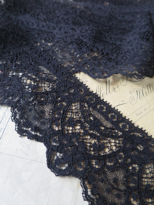 Black English Nottingham Lace- Swags & Cartouches Point Lace- 7.5 cm
