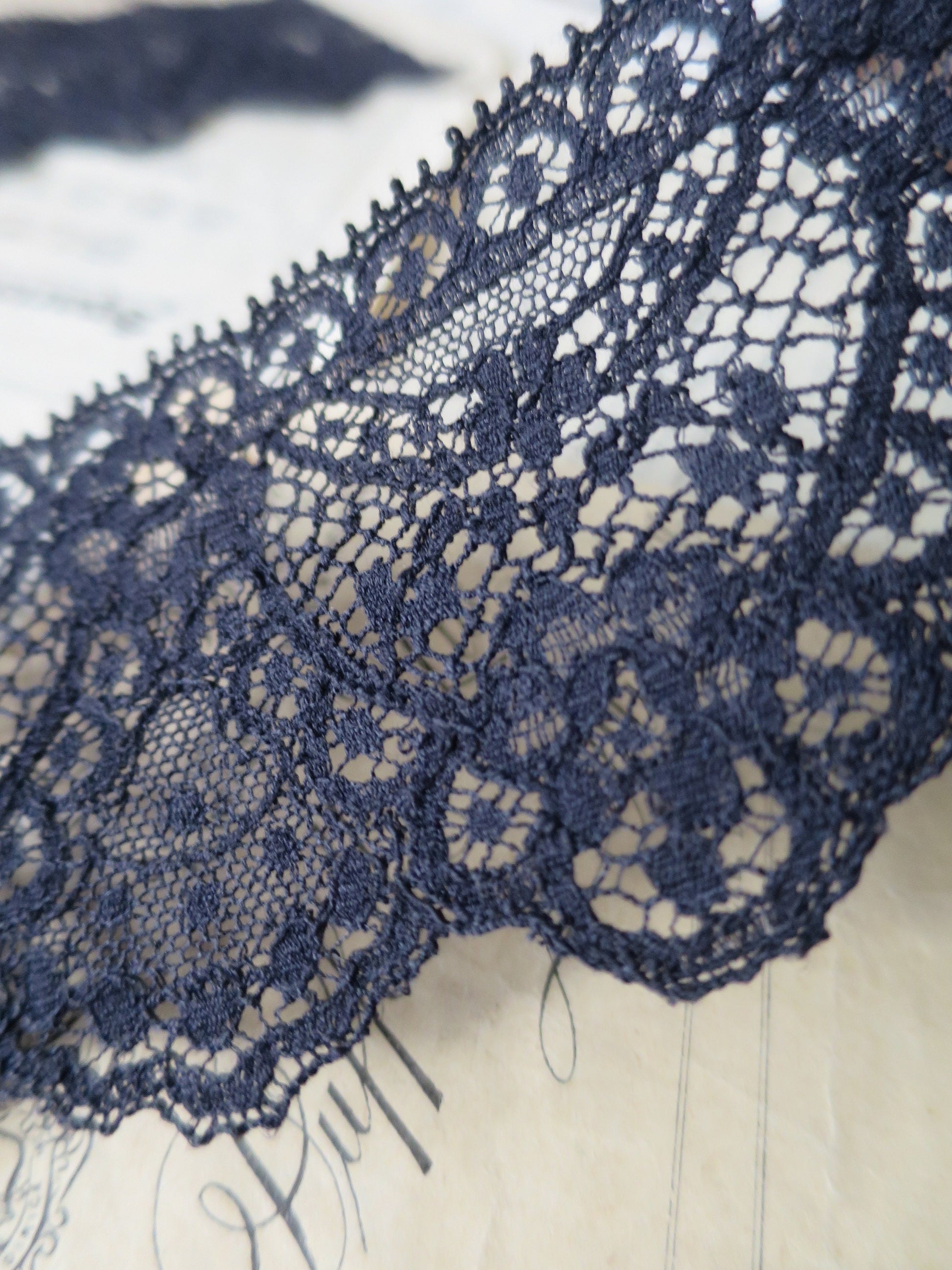 Black English Nottingham Lace- Swags & Cartouches Point Lace- 7.5 cm