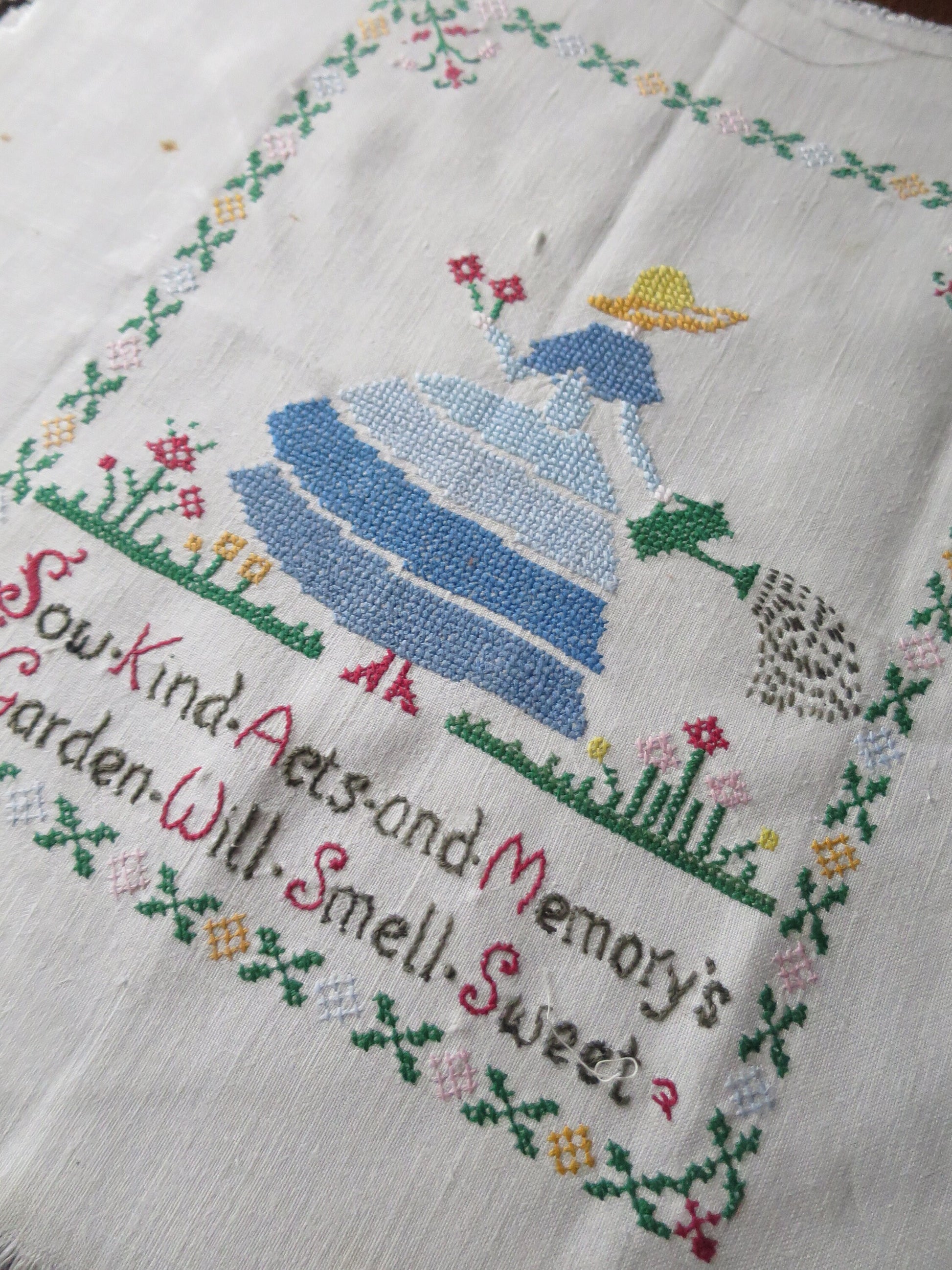 Vintage Hand Embroidered Cross Stitch panel