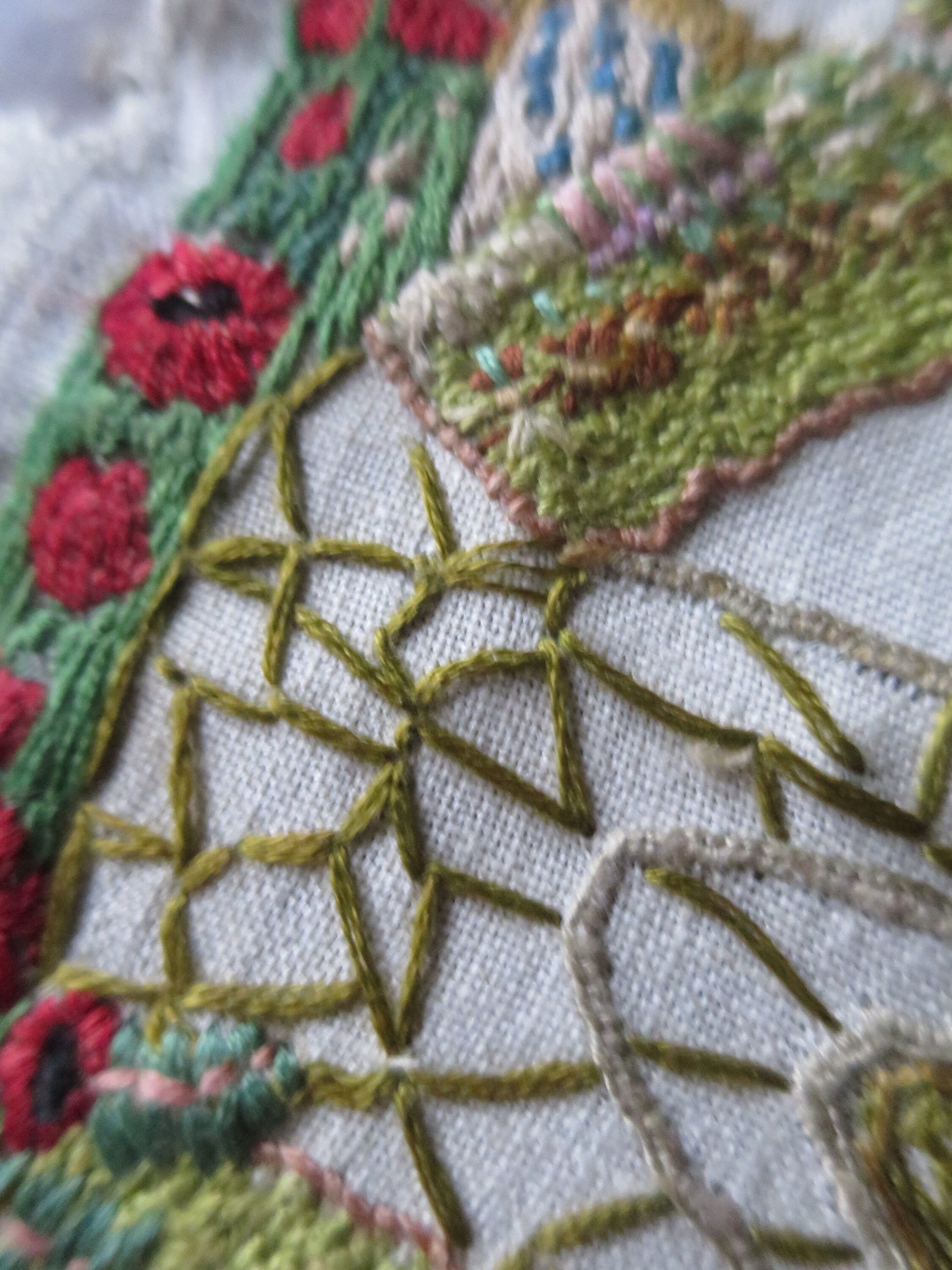 Vintage Hand Embroidered Panel- English Garden