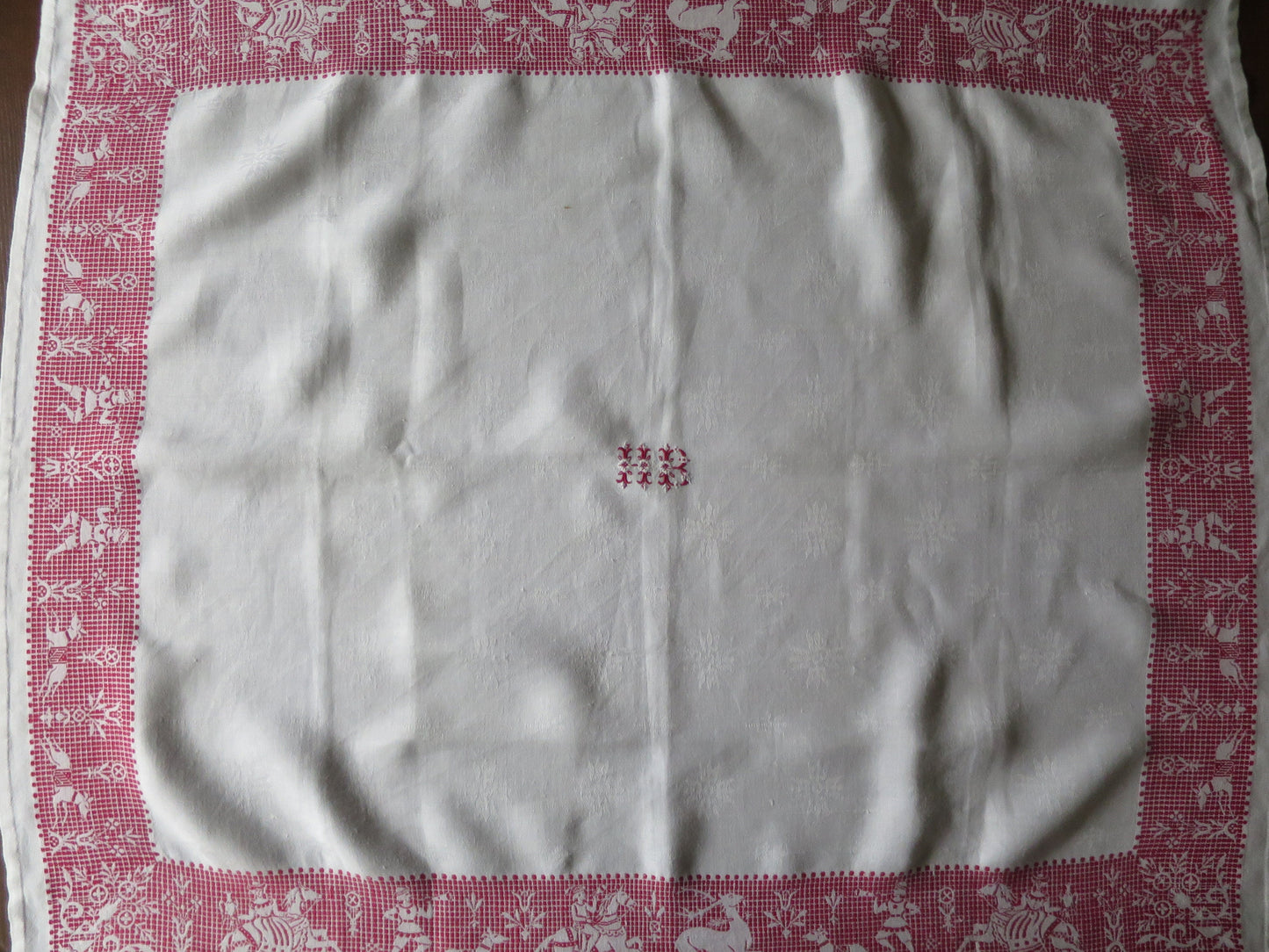 Antique Irish Linen Table Cloth- Darned Hand Embroidery