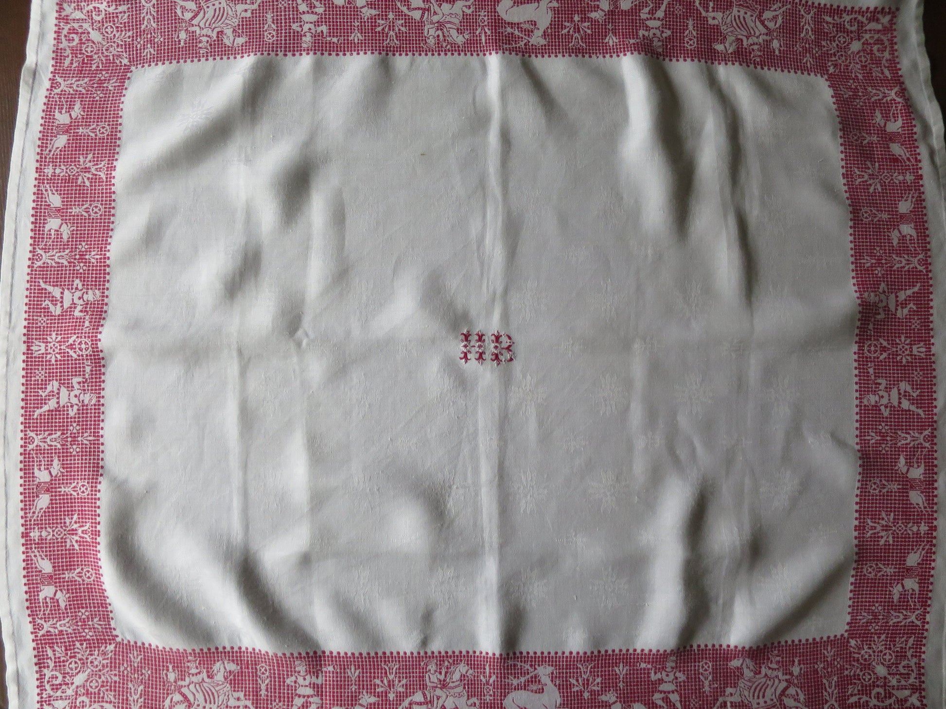 Antique Irish Linen Table Cloth- Darned Hand Embroidery