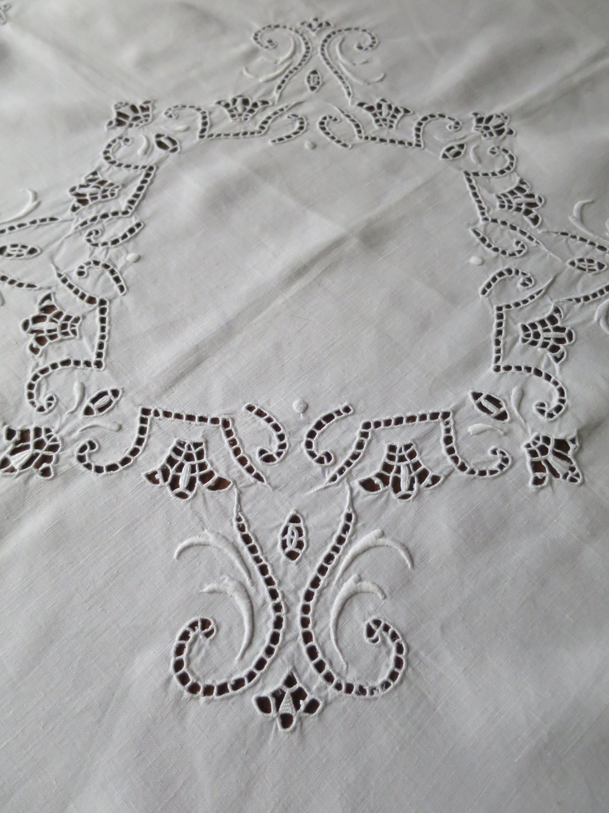 Antique Irish Linen Table Cloth- Whitework Hand Embroidery & Needle Lace
