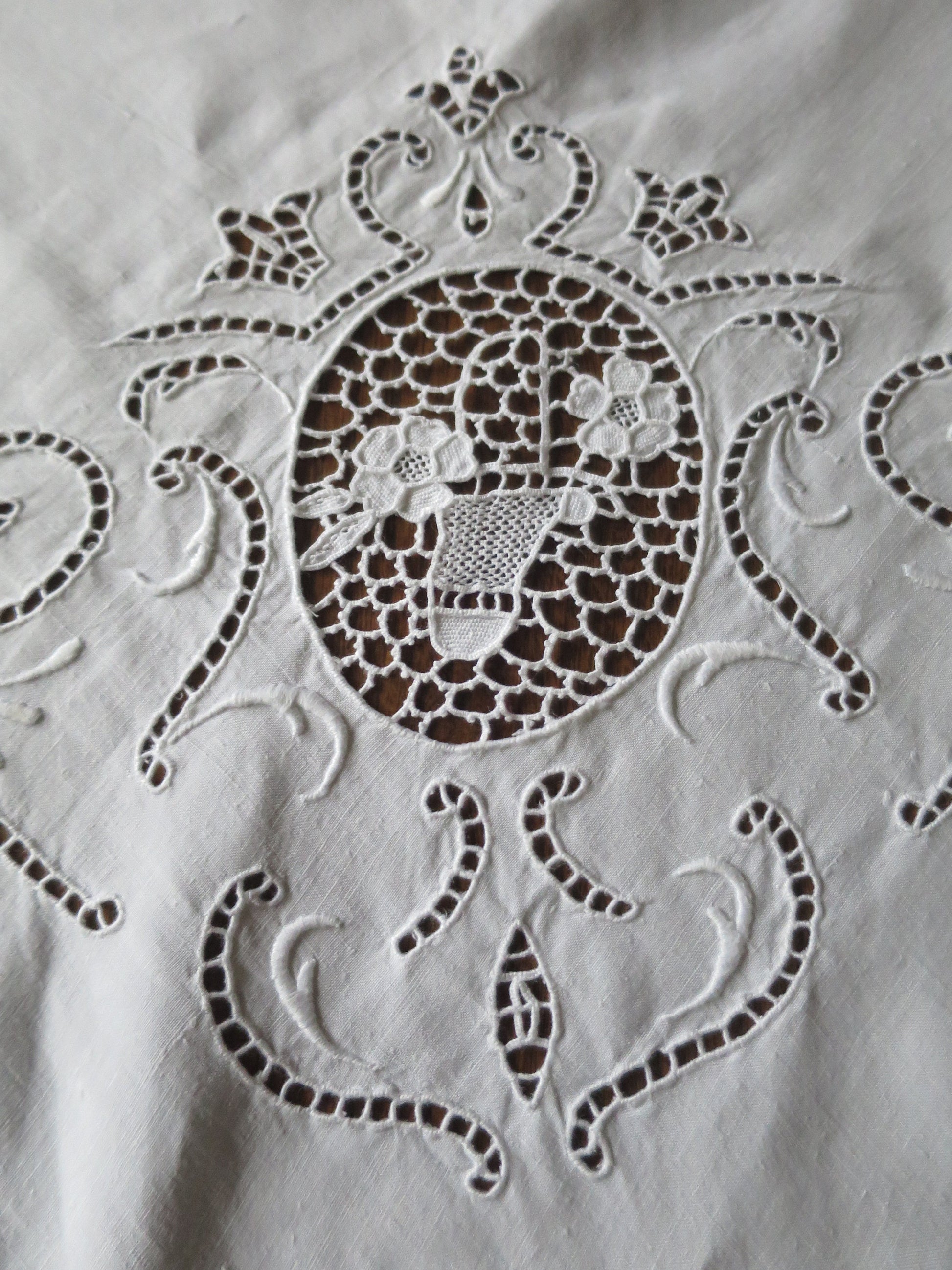 Antique Irish Linen Table Cloth- Whitework Hand Embroidery & Needle Lace