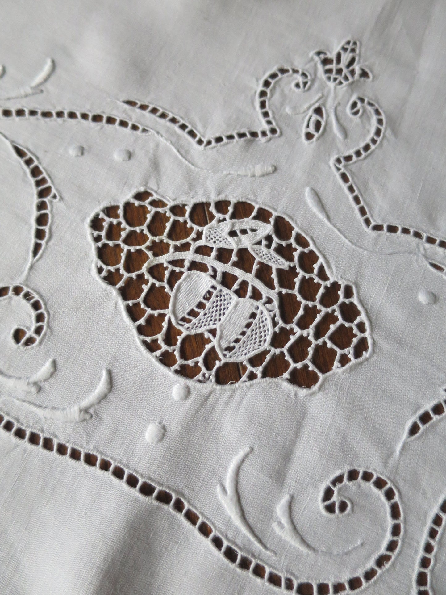 Antique Irish Linen Table Cloth- Whitework Hand Embroidery & Needle Lace