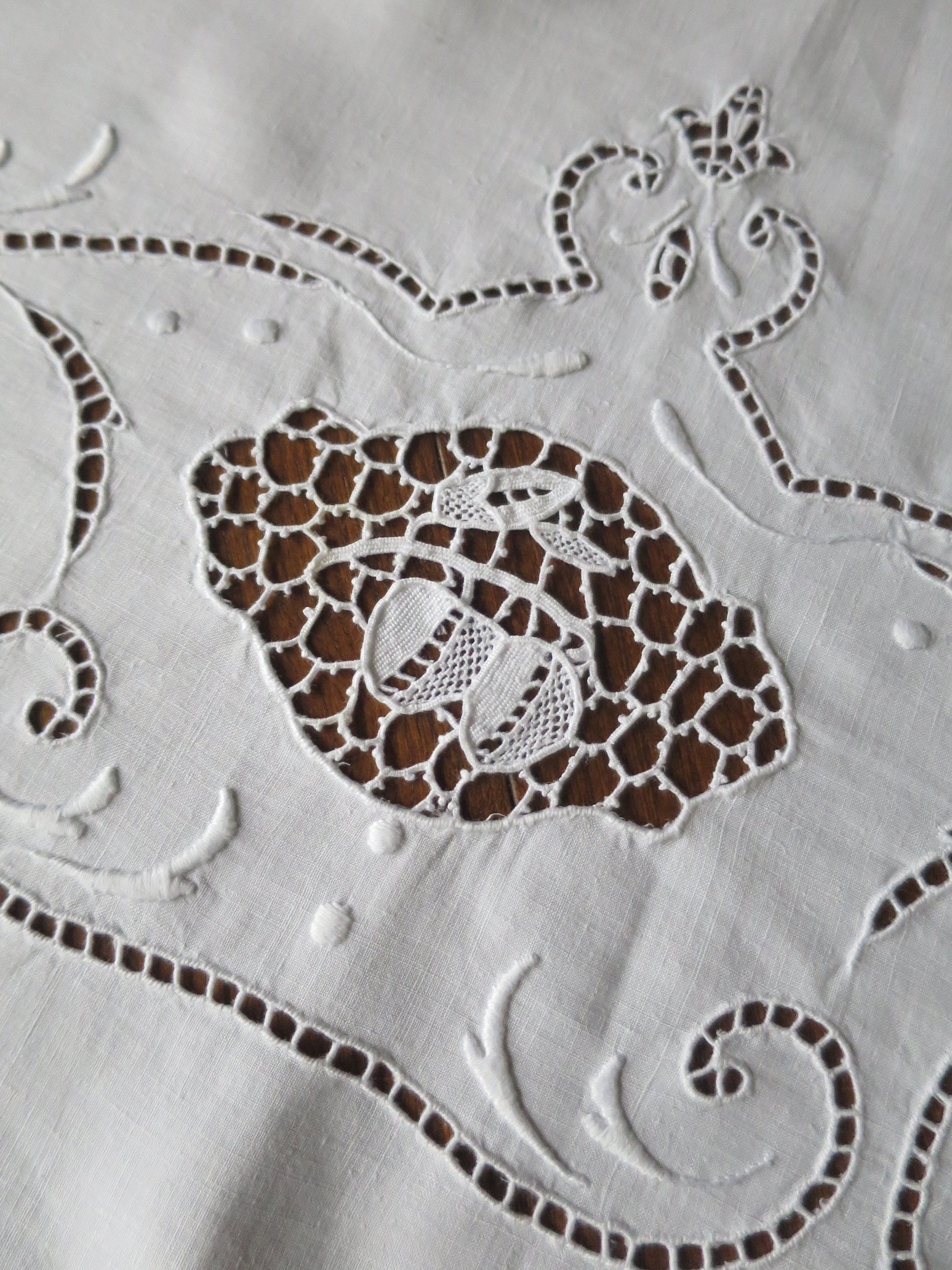 Antique Irish Linen Table Cloth- Whitework Hand Embroidery & Needle Lace