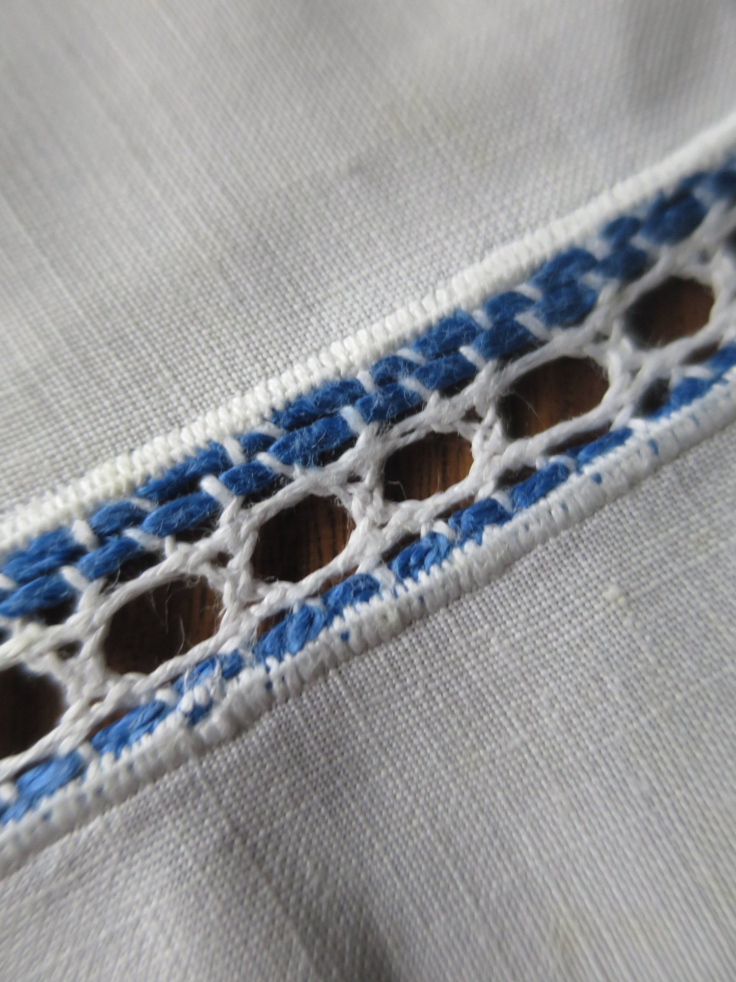 Antique Irish Linen Table Cloth- Blue Yellow and White Hand Worked Bobbin Lace