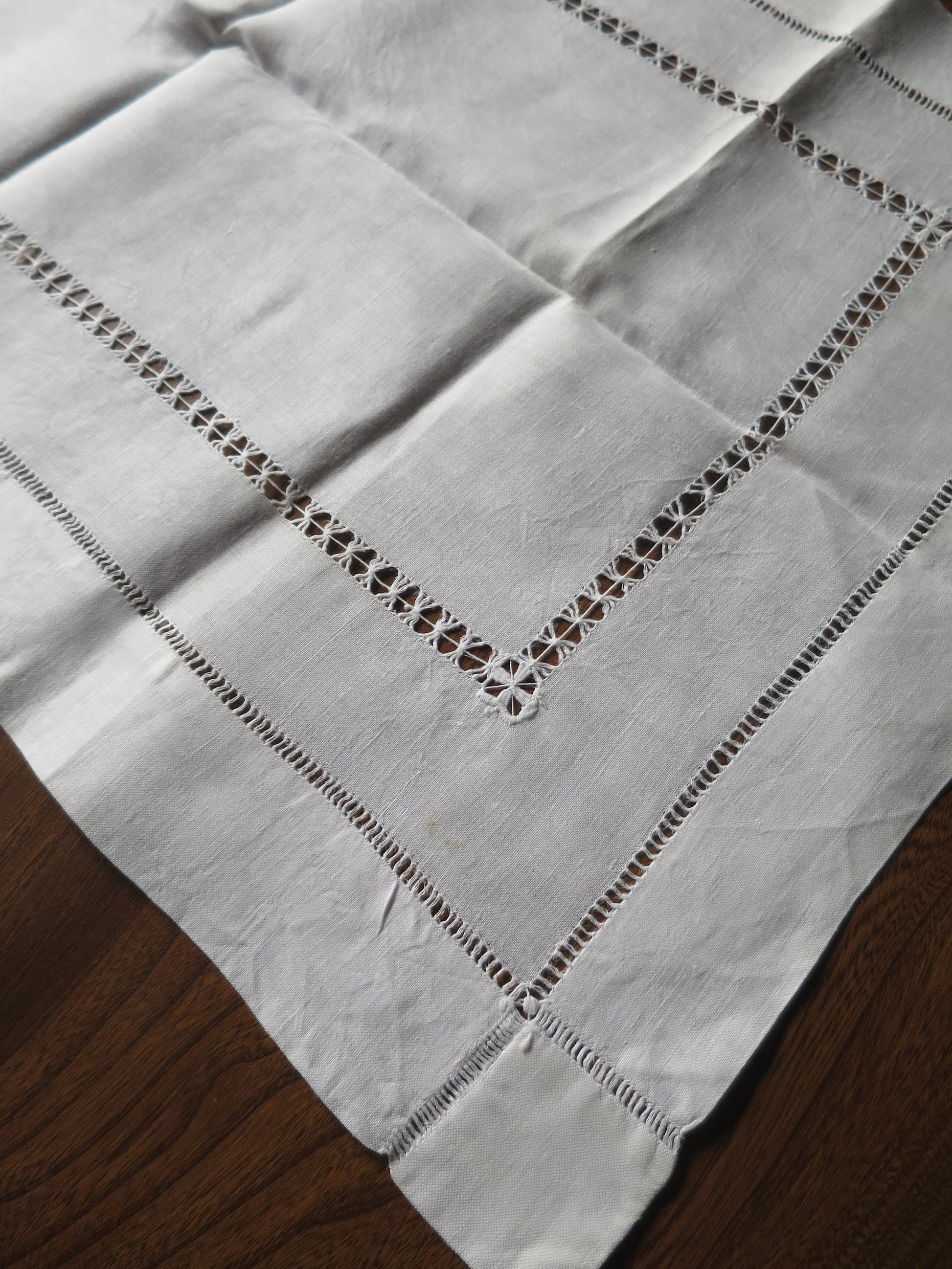 Antique Irish Linen Table Topper- Simple Drawn Thread Work