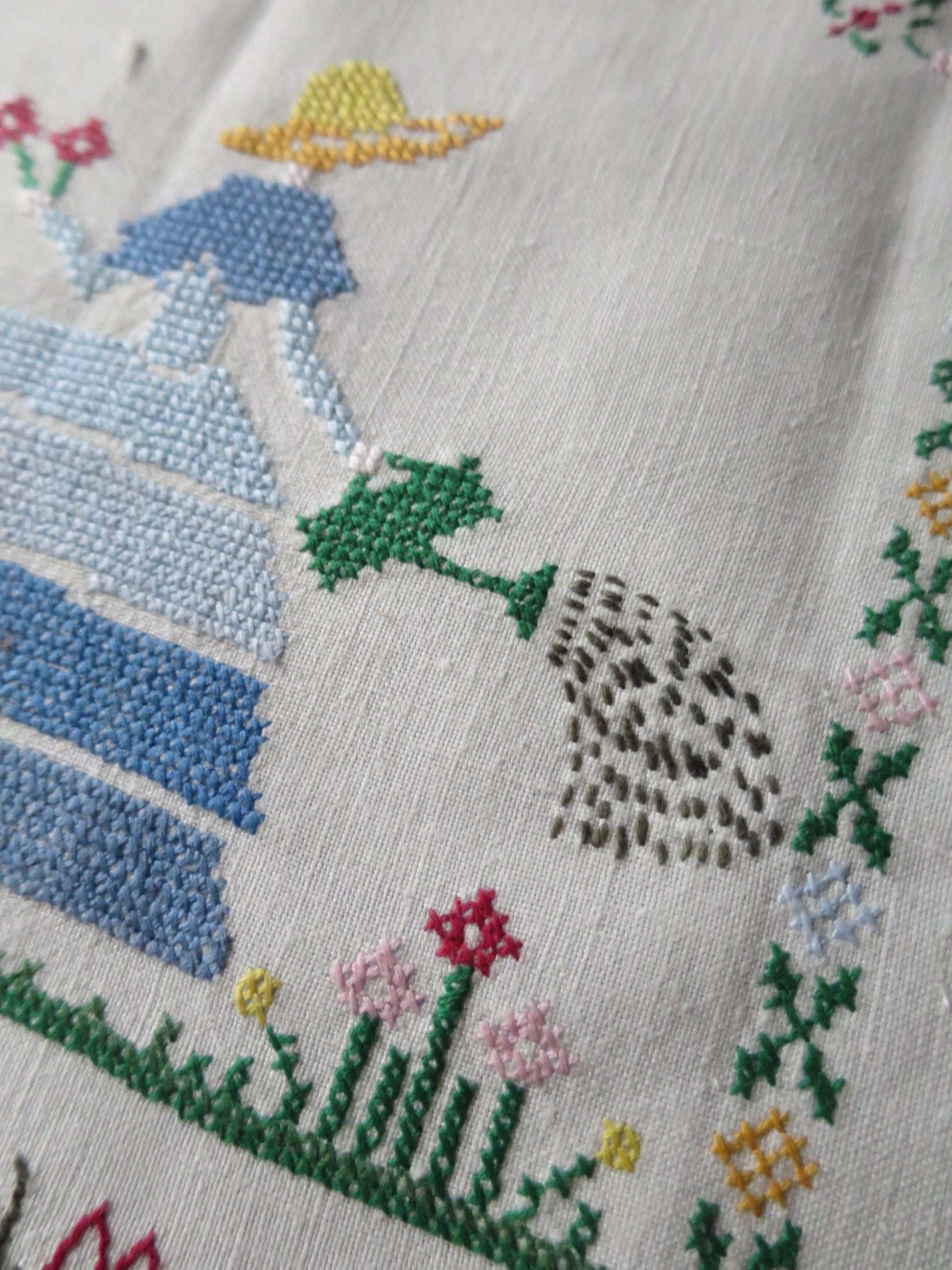 Vintage Hand Embroidered Cross Stitch panel