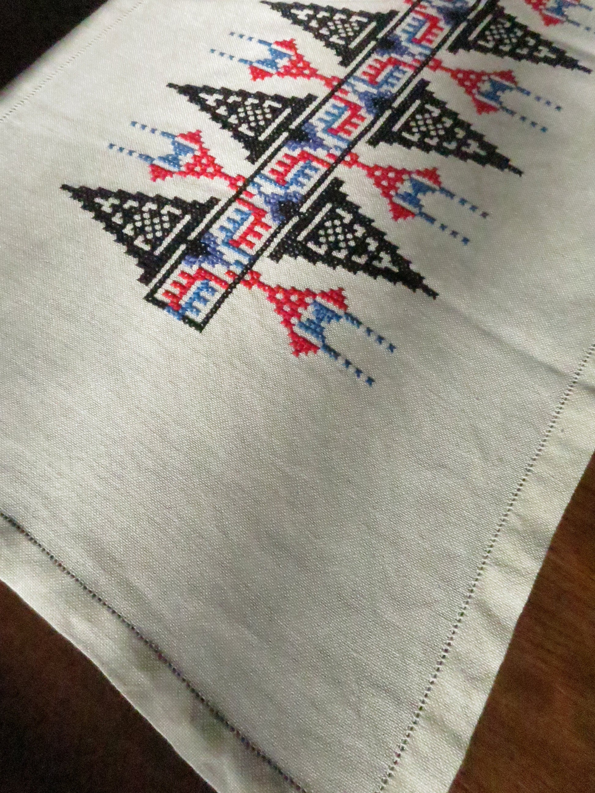 Vintage Linen Table Runner- Vibrant Cross Stitch Hand Embroidery