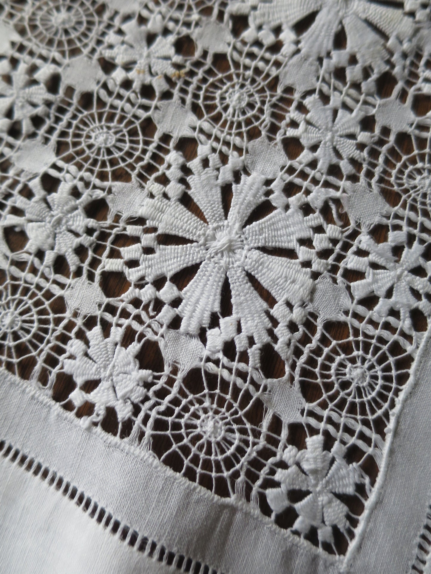 Antique Irish Linen Table Topper- Intricate Drawn Thread Work & Bobbin Lace