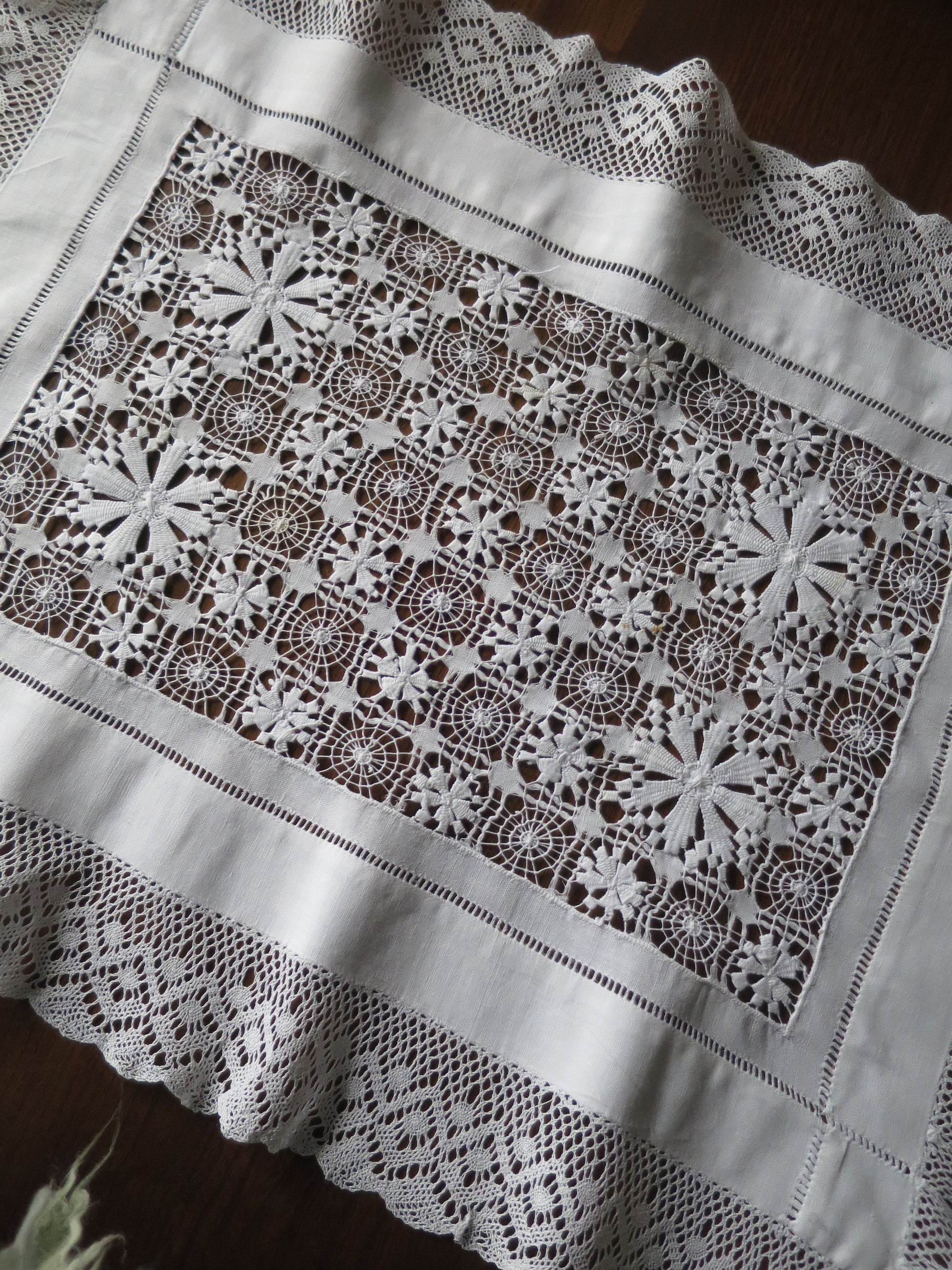 Antique Irish Linen Table Topper- Intricate Drawn Thread Work & Bobbin Lace