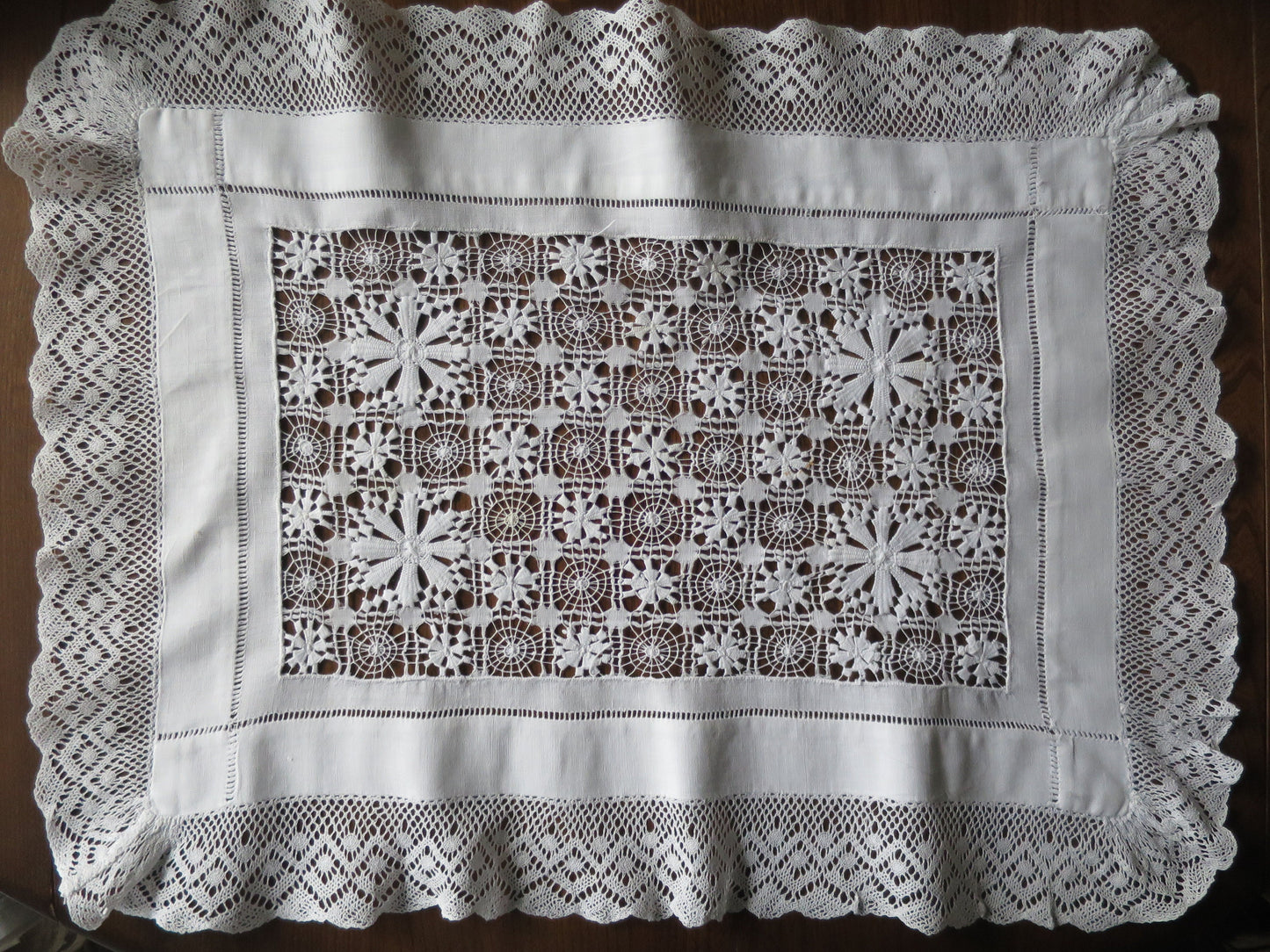 Antique Irish Linen Table Topper- Intricate Drawn Thread Work & Bobbin Lace