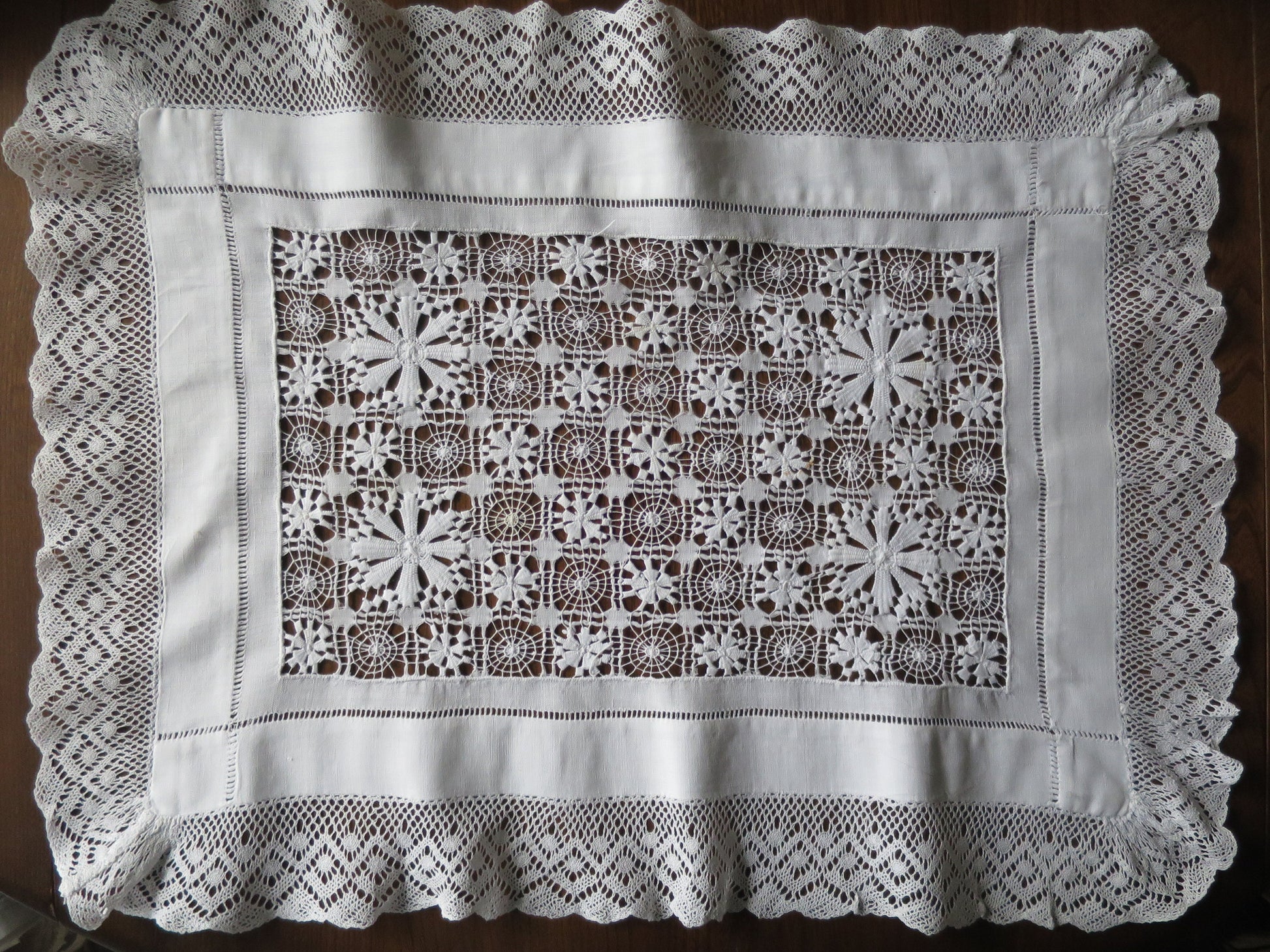 Antique Irish Linen Table Topper- Intricate Drawn Thread Work & Bobbin Lace