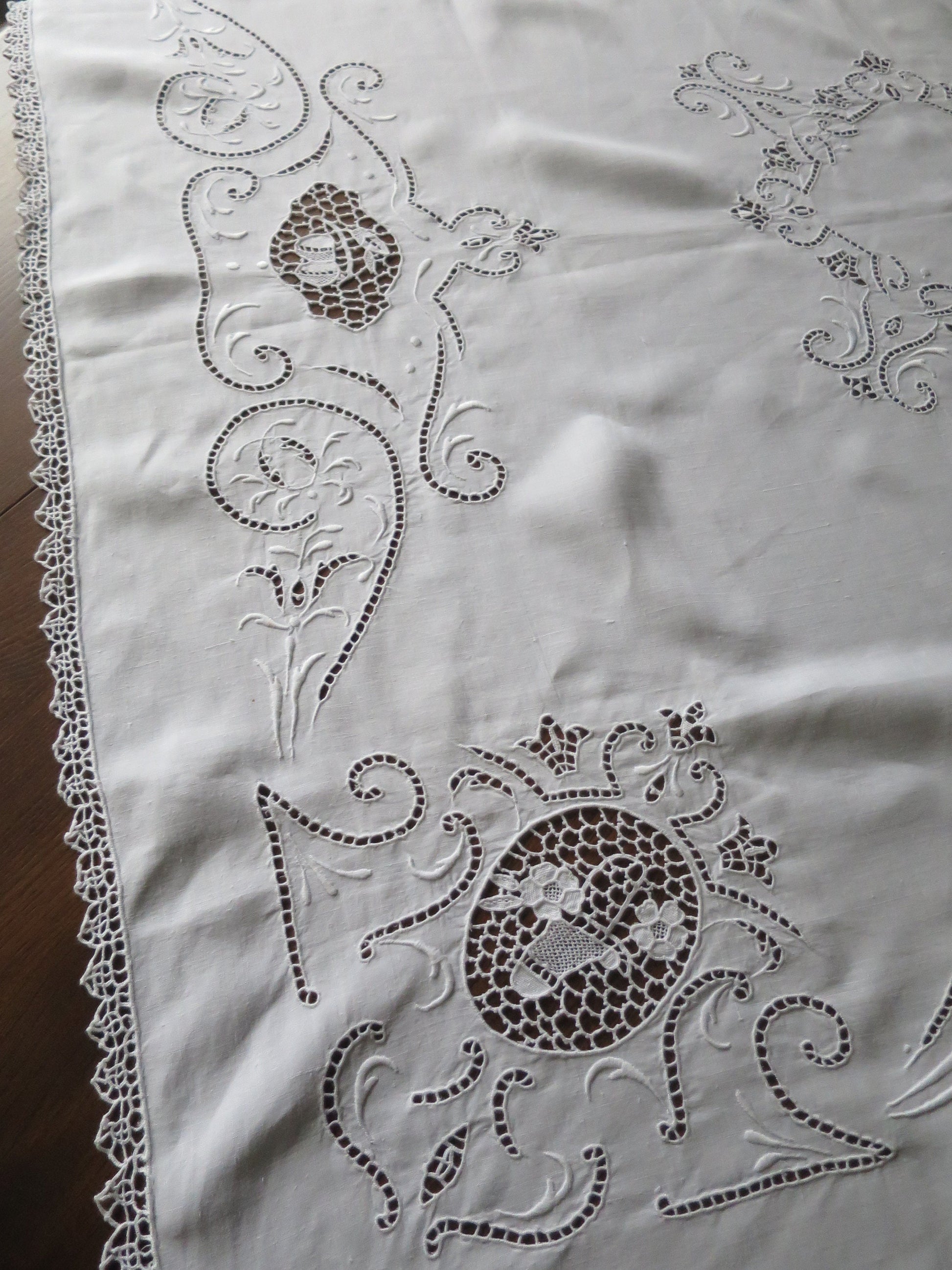 Antique Irish Linen Table Cloth- Whitework Hand Embroidery & Needle Lace