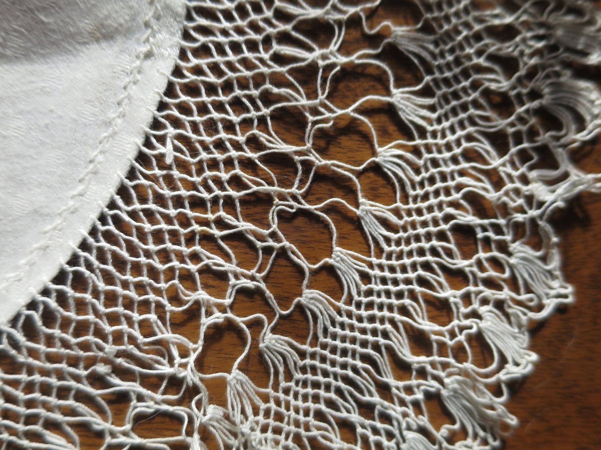 Large Antique Linen Damask lace Doily Topper- Hand Knotted Lace
