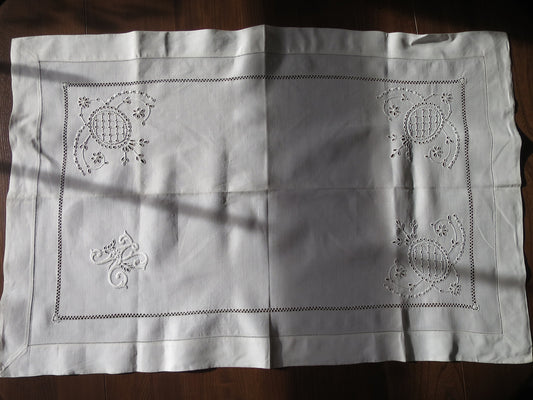 Antique Irish Linen Table Cloth/ Topper- K/H Monogram & Whitework Hand Embroidery