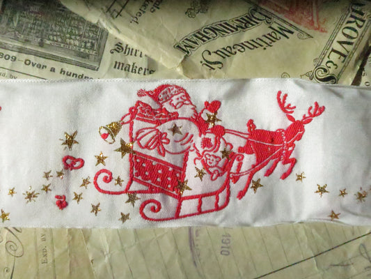 Father Christmas Sleigh Motif 60 x 140 mm Jacquard Woven Ribbon