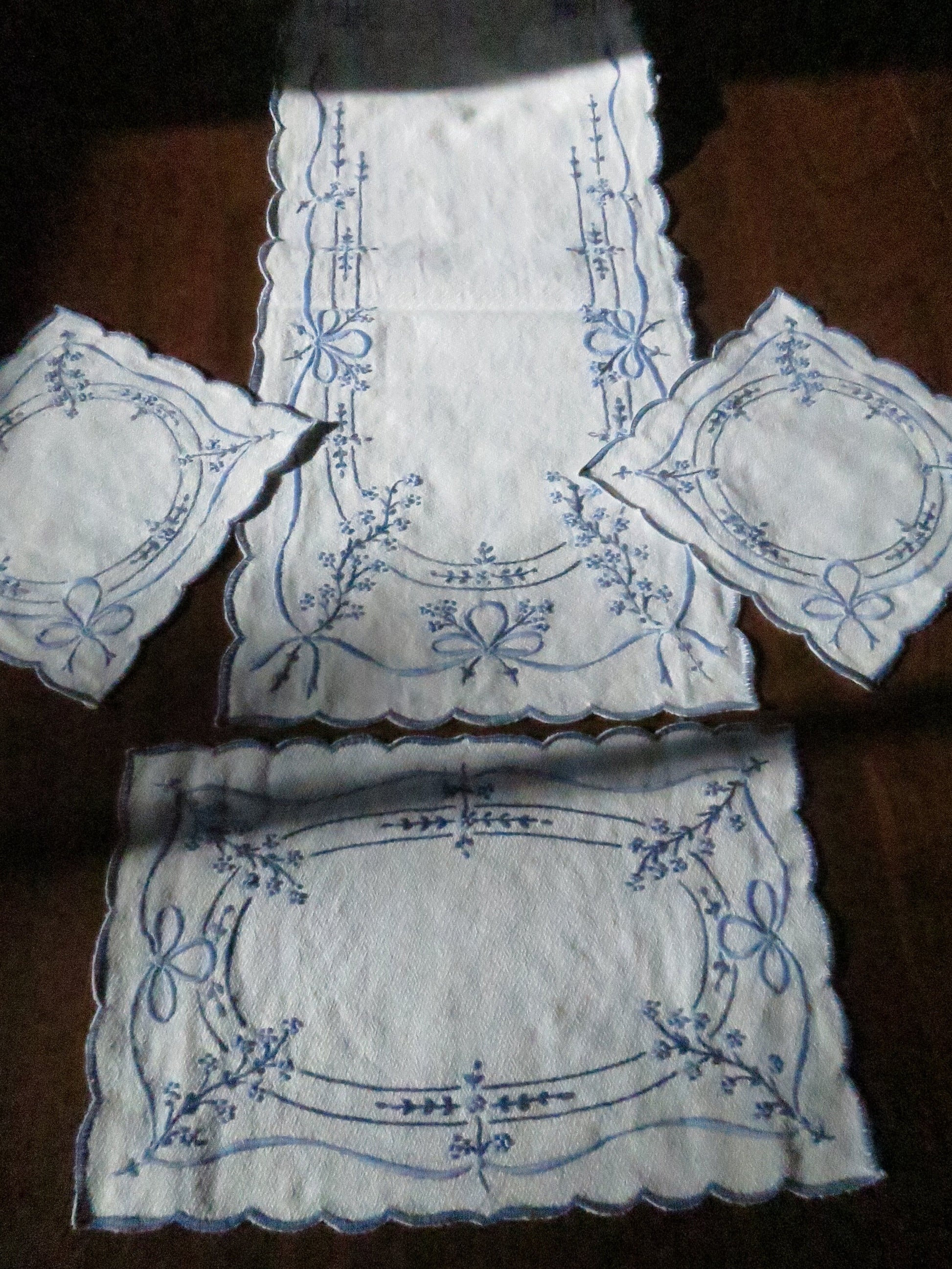 Vintage 5 Piece Dressing Table Set- Blue Floral Hand Embroidery