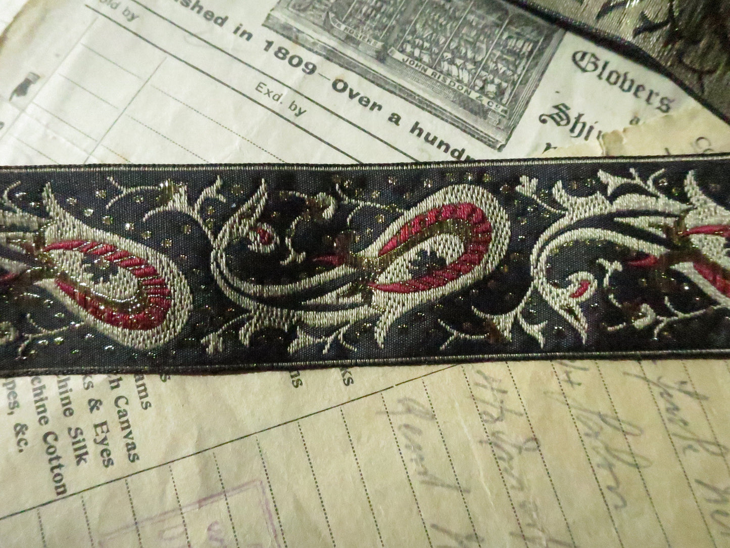 Paisley 32 mm Jacquard Woven Ribbon- Black Red & Gold