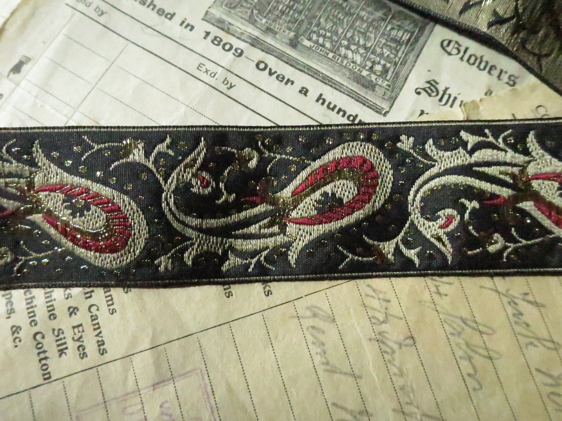 Paisley 32 mm Jacquard Woven Ribbon- Black Red & Gold