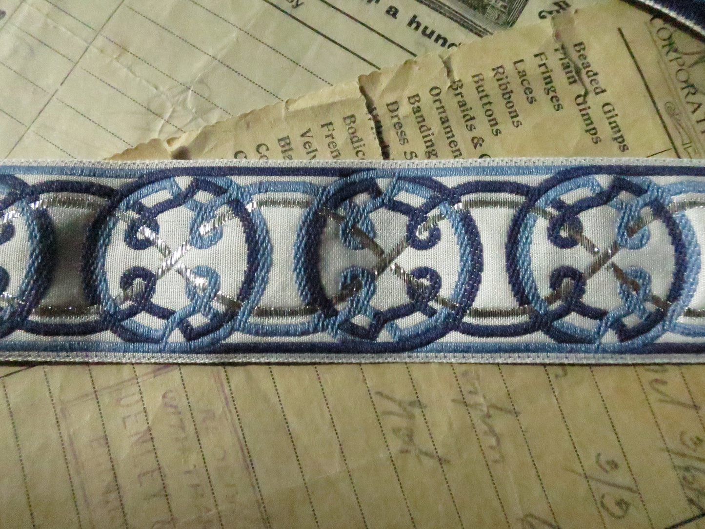 Celtic Knots 32 mm Jacquard Woven Ribbon- Blue & Silver
