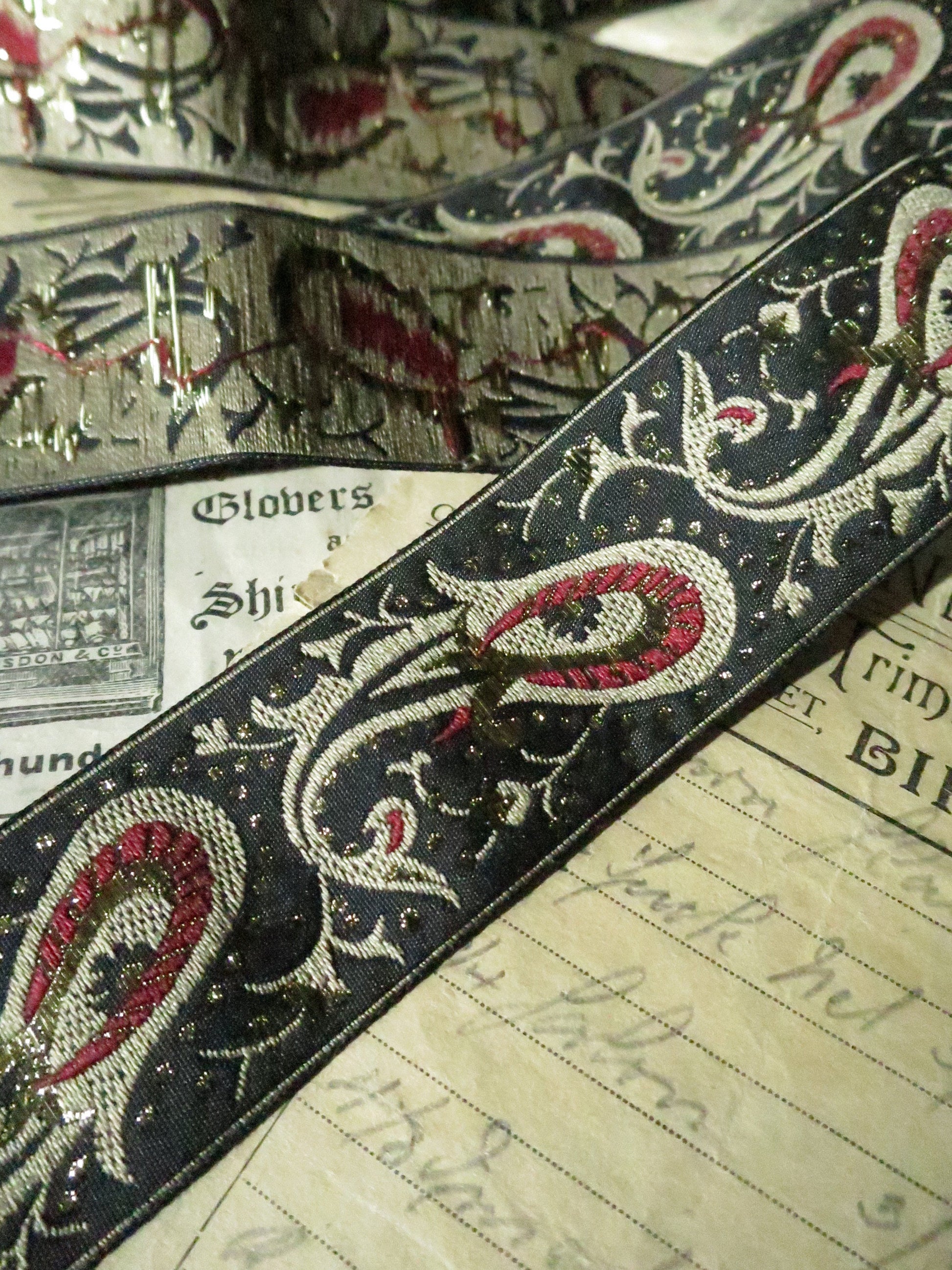 Paisley 32 mm Jacquard Woven Ribbon- Black Red & Gold