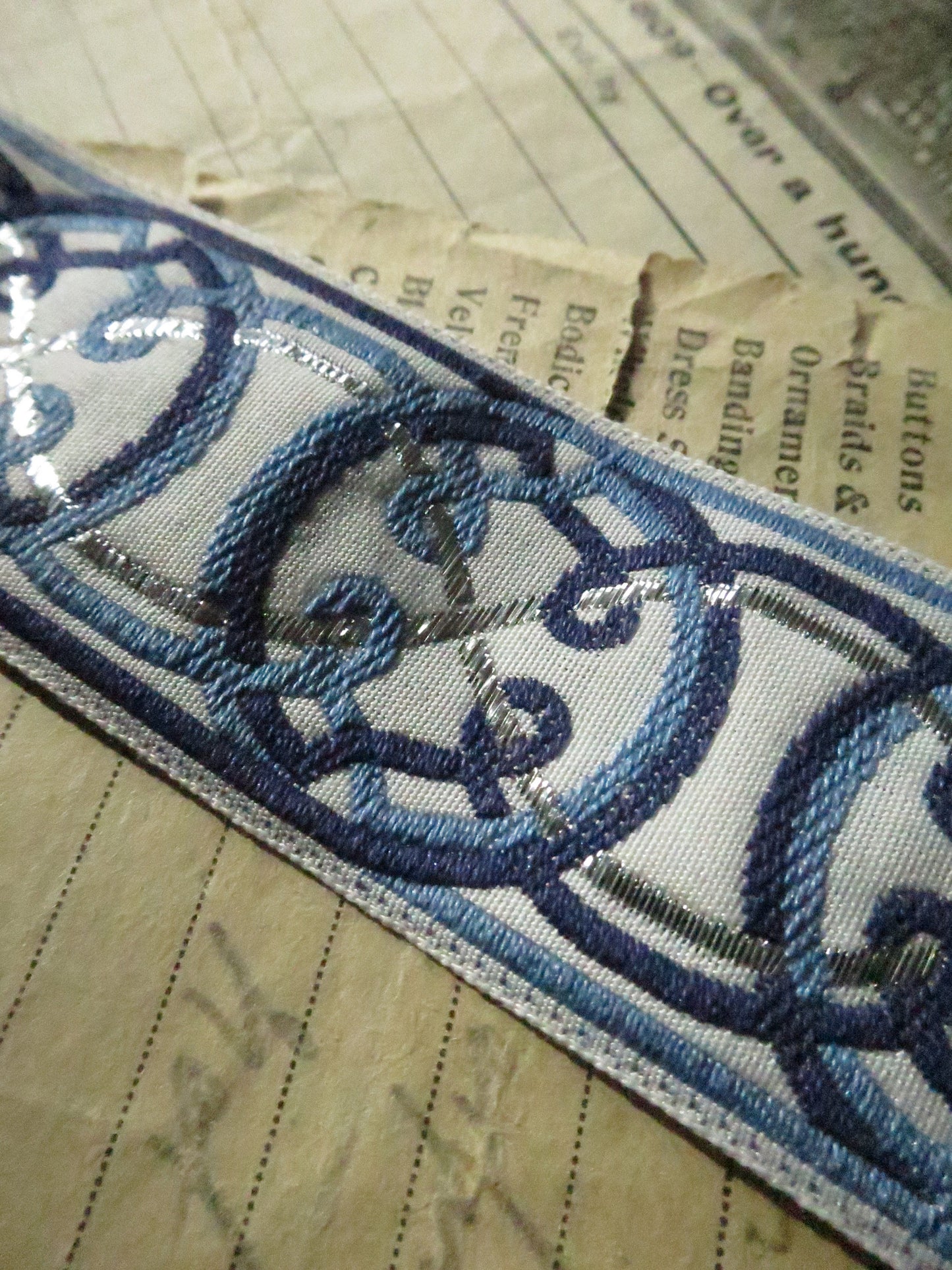 Celtic Knots 32 mm Jacquard Woven Ribbon- Blue & Silver