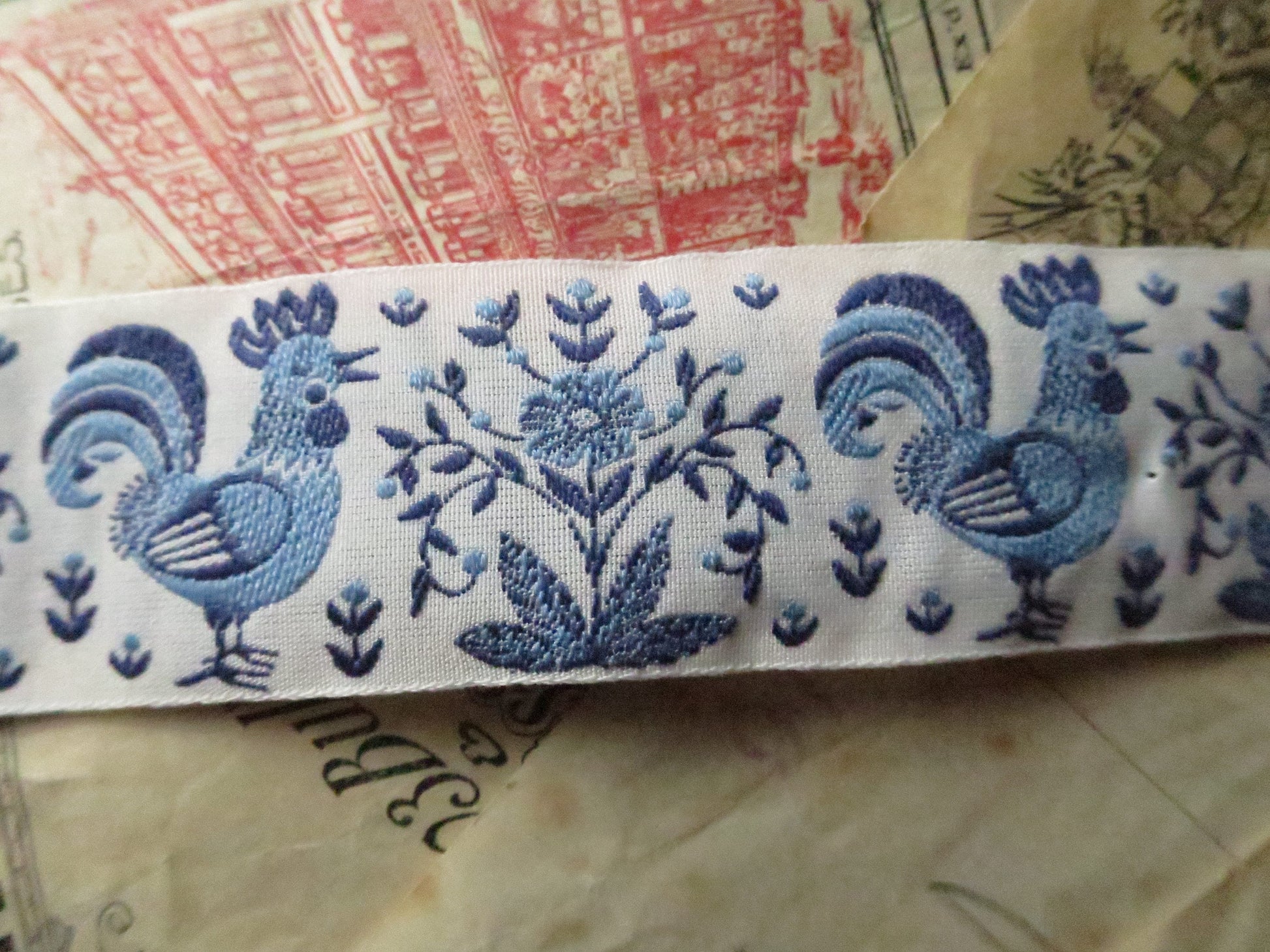 Cockerels 32 mm Jacquard Woven Ribbon- Blue