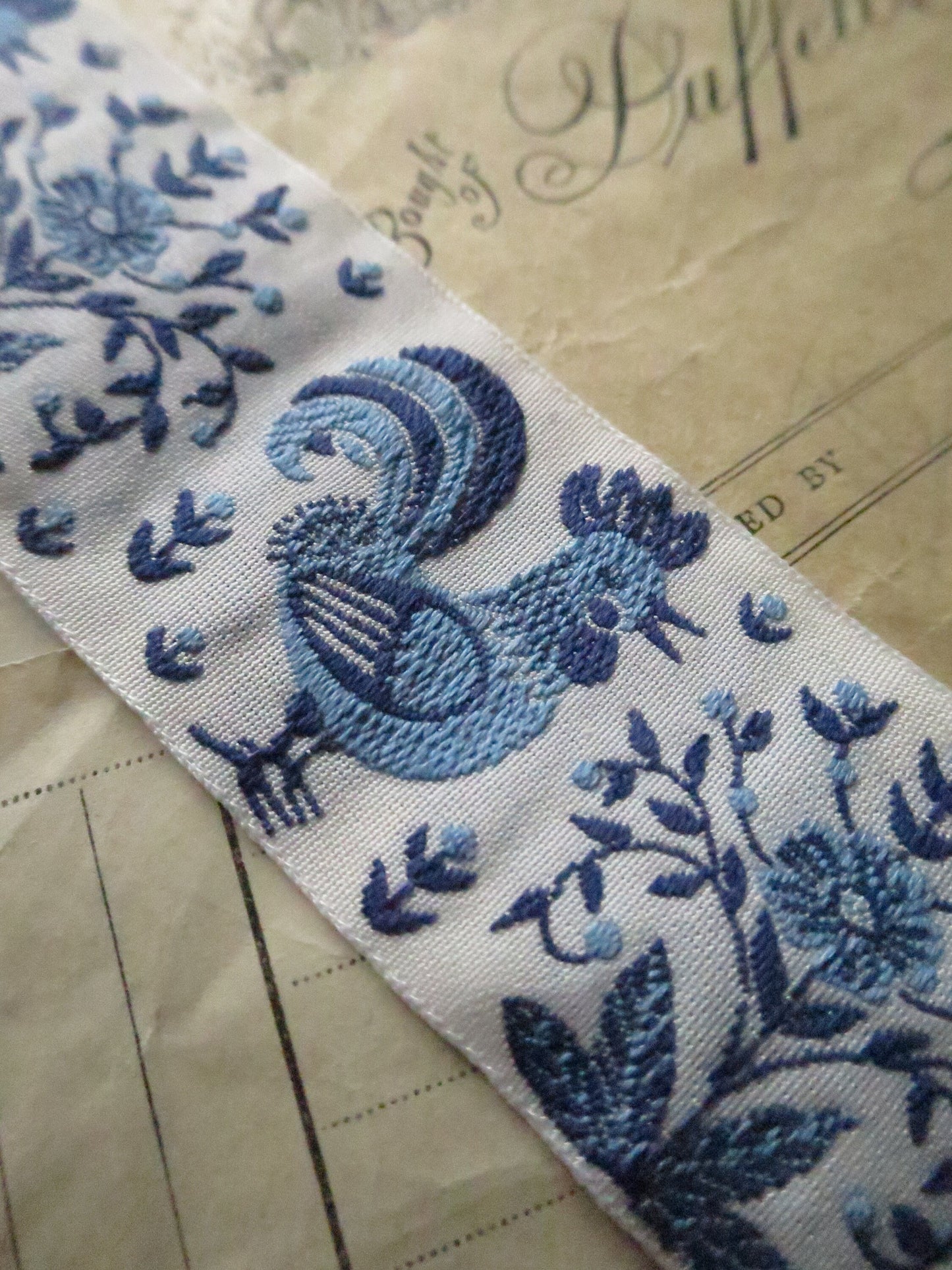 Cockerels 32 mm Jacquard Woven Ribbon- Blue