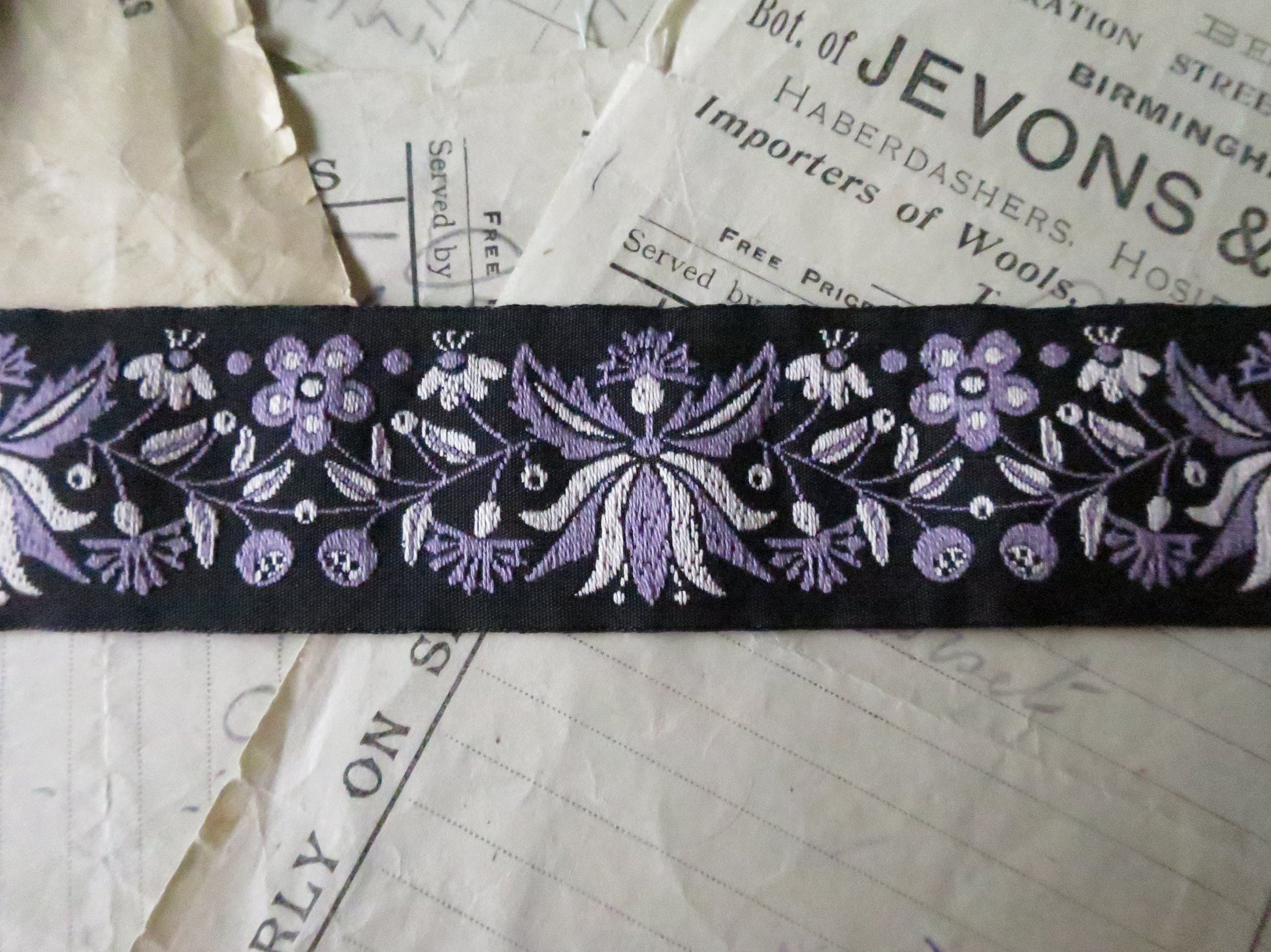Frida flowers 32 mm Jacquard Woven Ribbon- Black & Violet