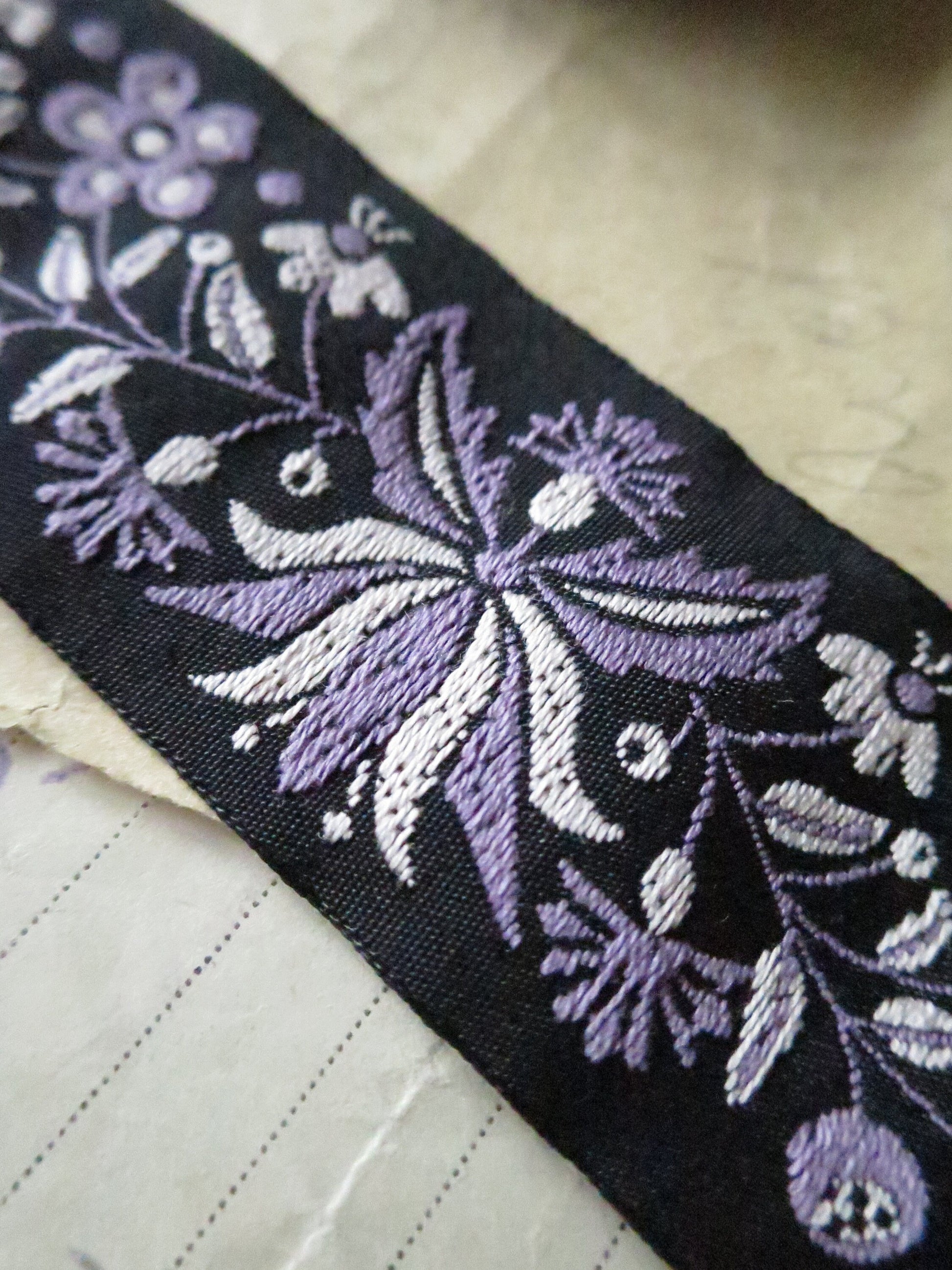 Frida flowers 32 mm Jacquard Woven Ribbon- Black & Violet