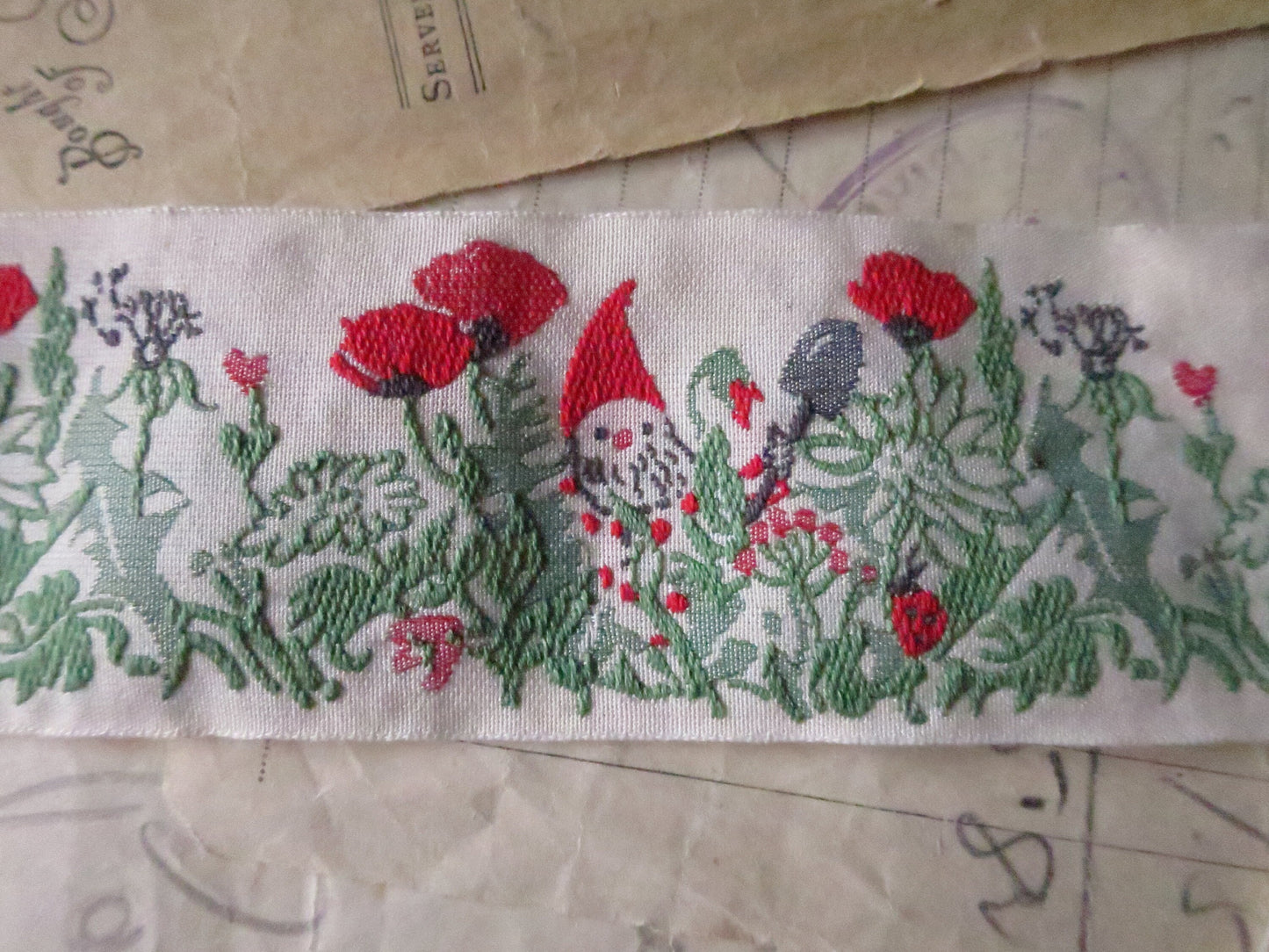 Garden Gnomes 40 mm Jacquard Woven Ribbon
