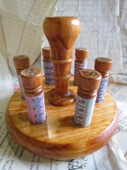 Sajou Wooden Treen Ware Style Needle Case Holder & 6 Needle Cases