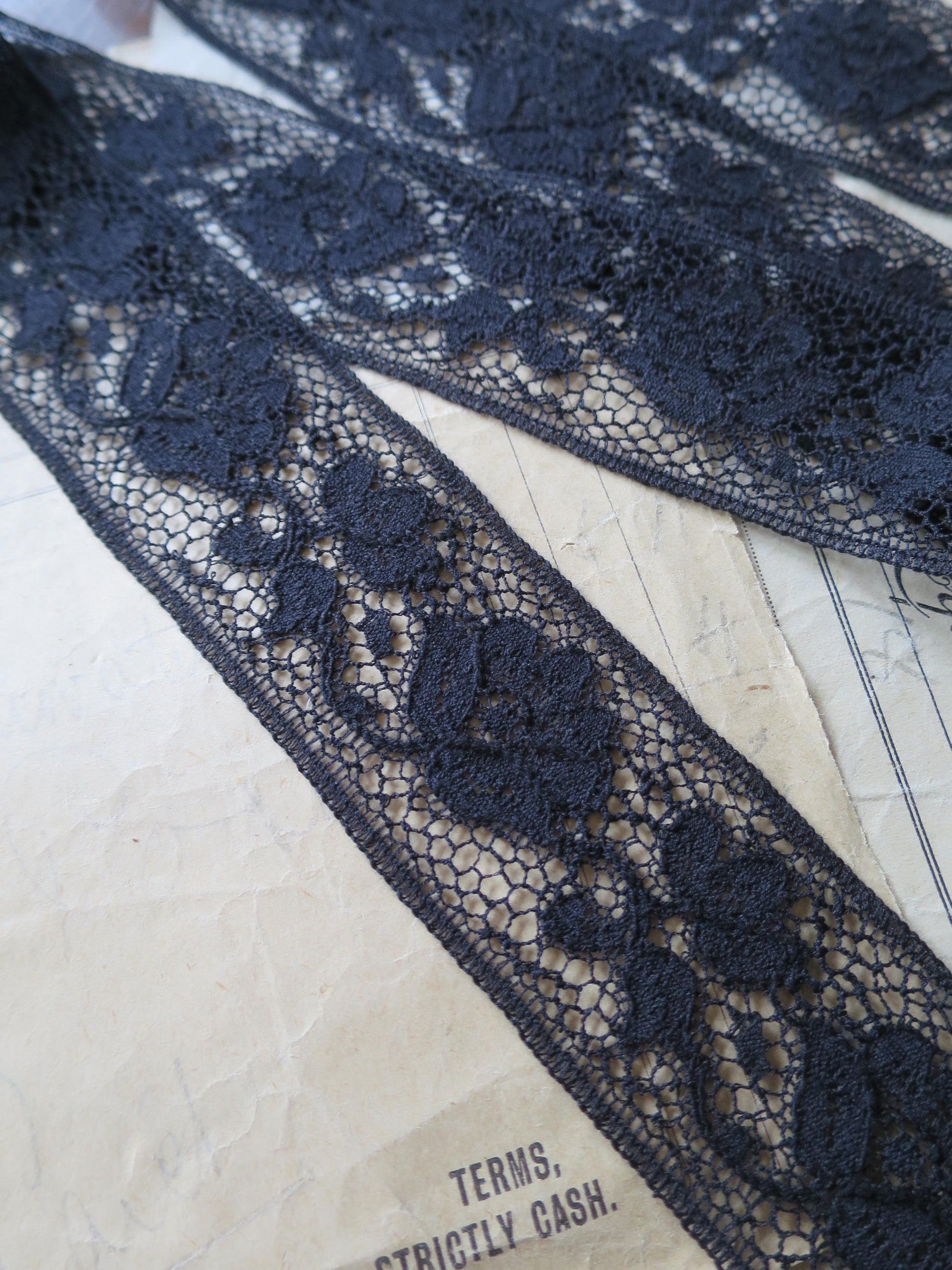 Black English Nottingham Lace- Raised Floral Guipure- Insertion- 3.5 cm