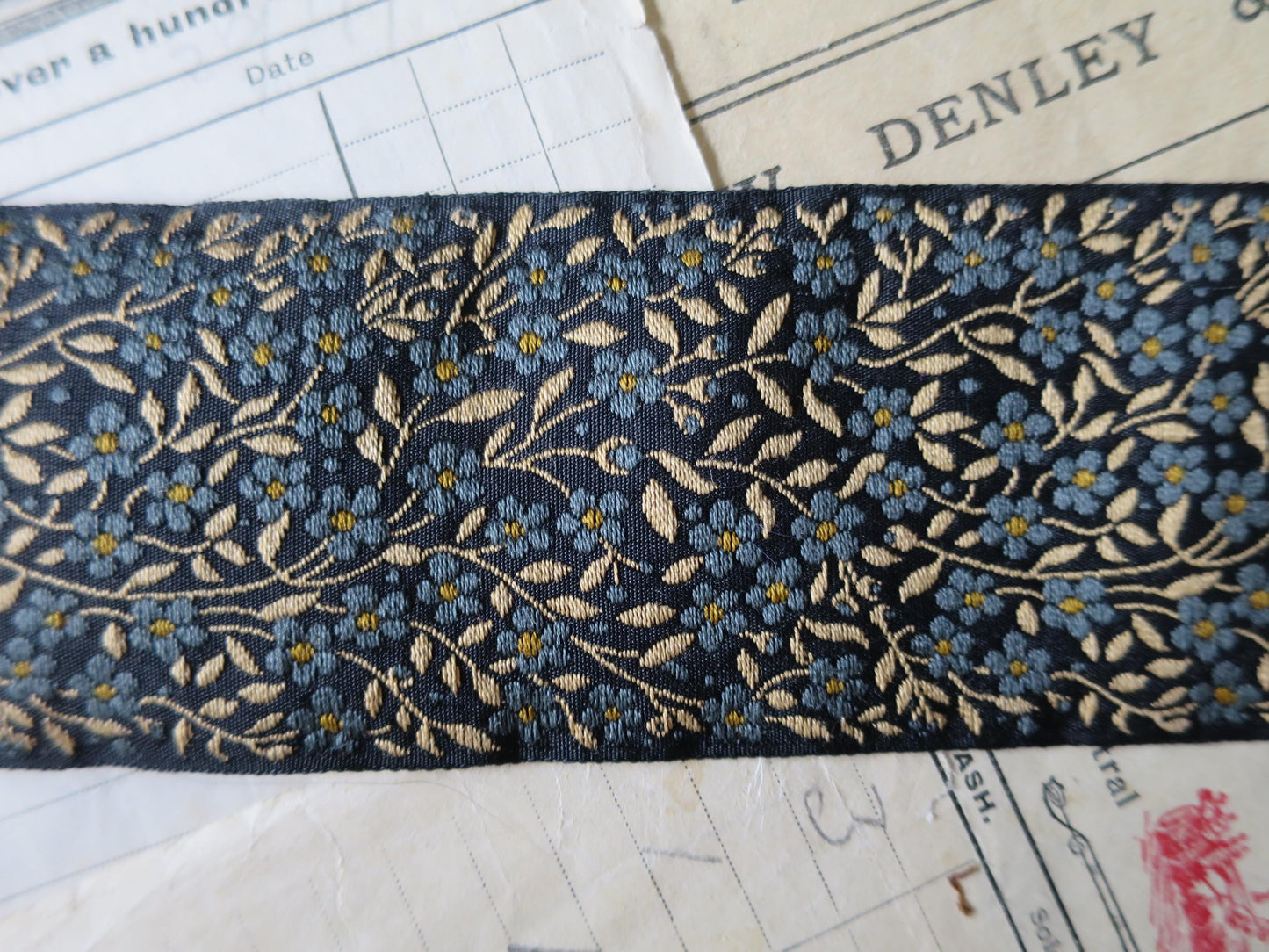 Forget-me-nots 50 mm Jacquard Woven Ribbon- Teal & Gold