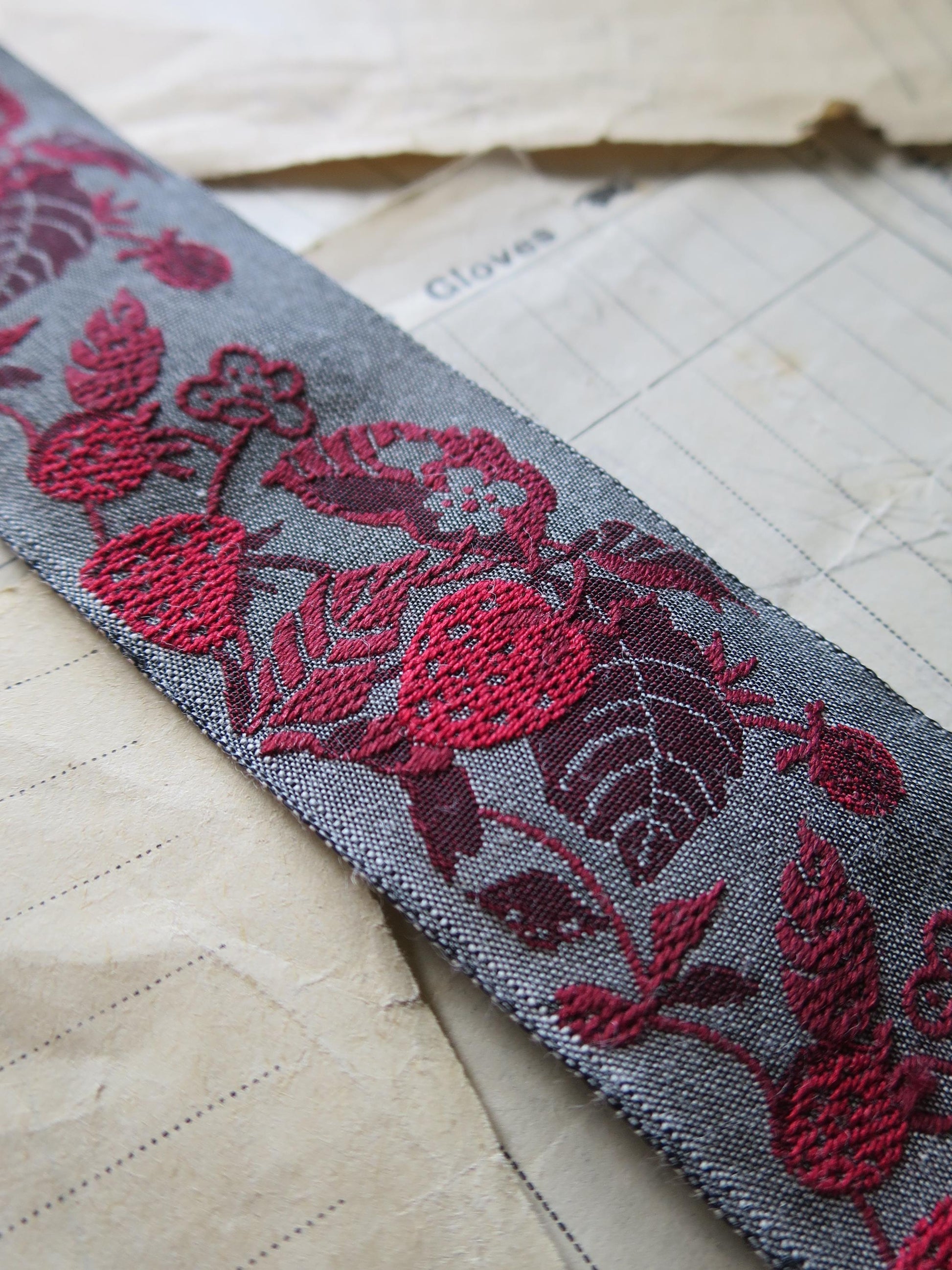 Strawberries 32 mm Jacquard Woven Ribbon- Grey & Red