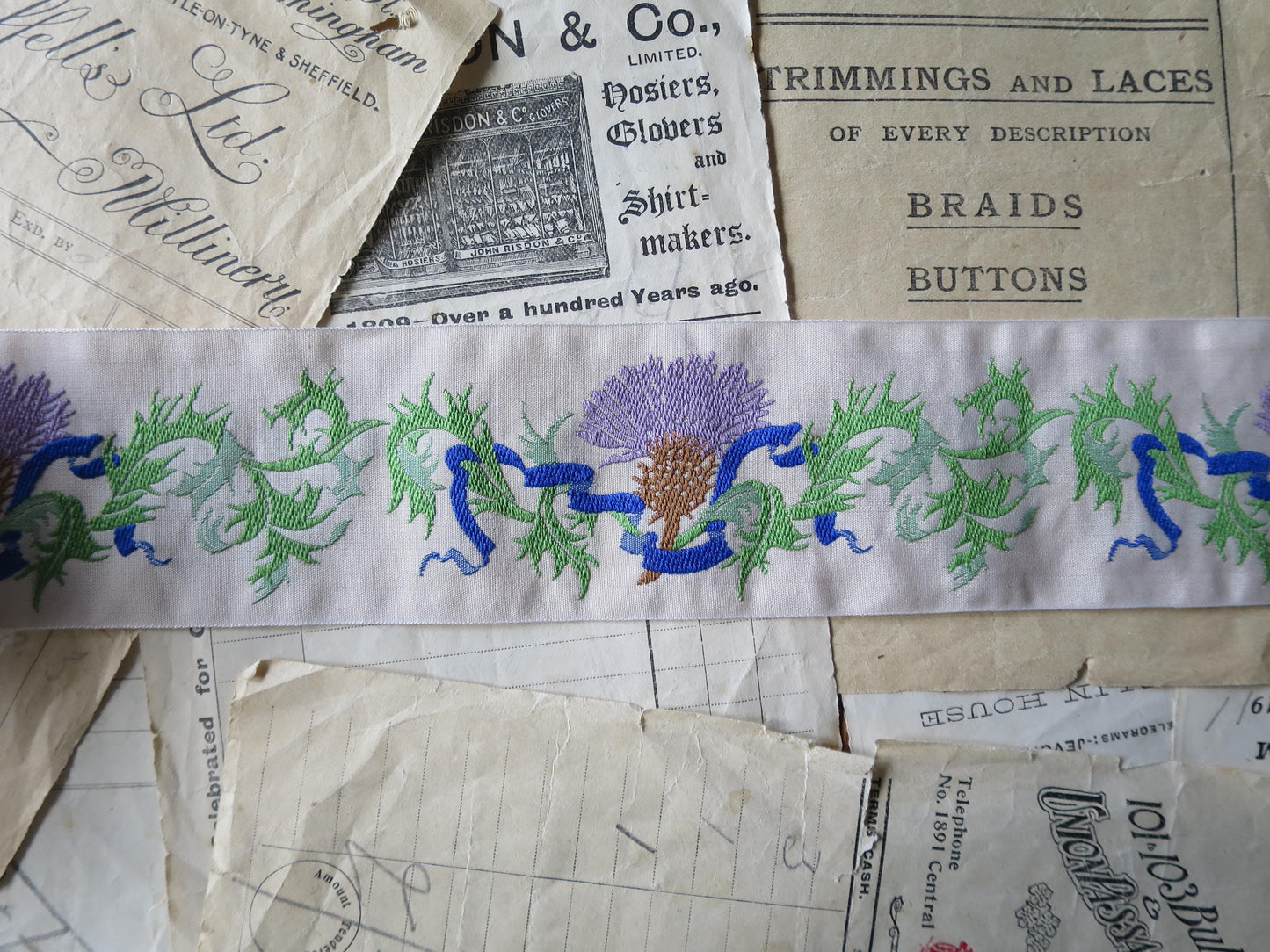 Scottish Thistles 50 mm Jacquard Woven Ribbon- Buff & Bright