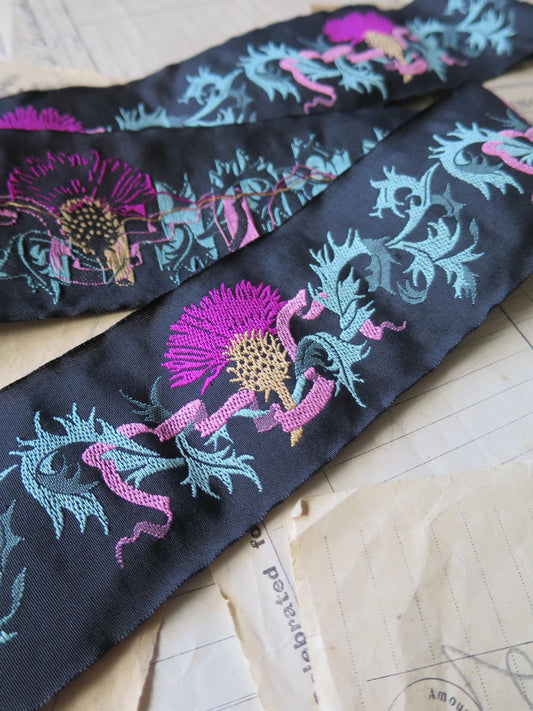 Scottish Thistles 50 mm Jacquard Woven Ribbon- Black & Bright