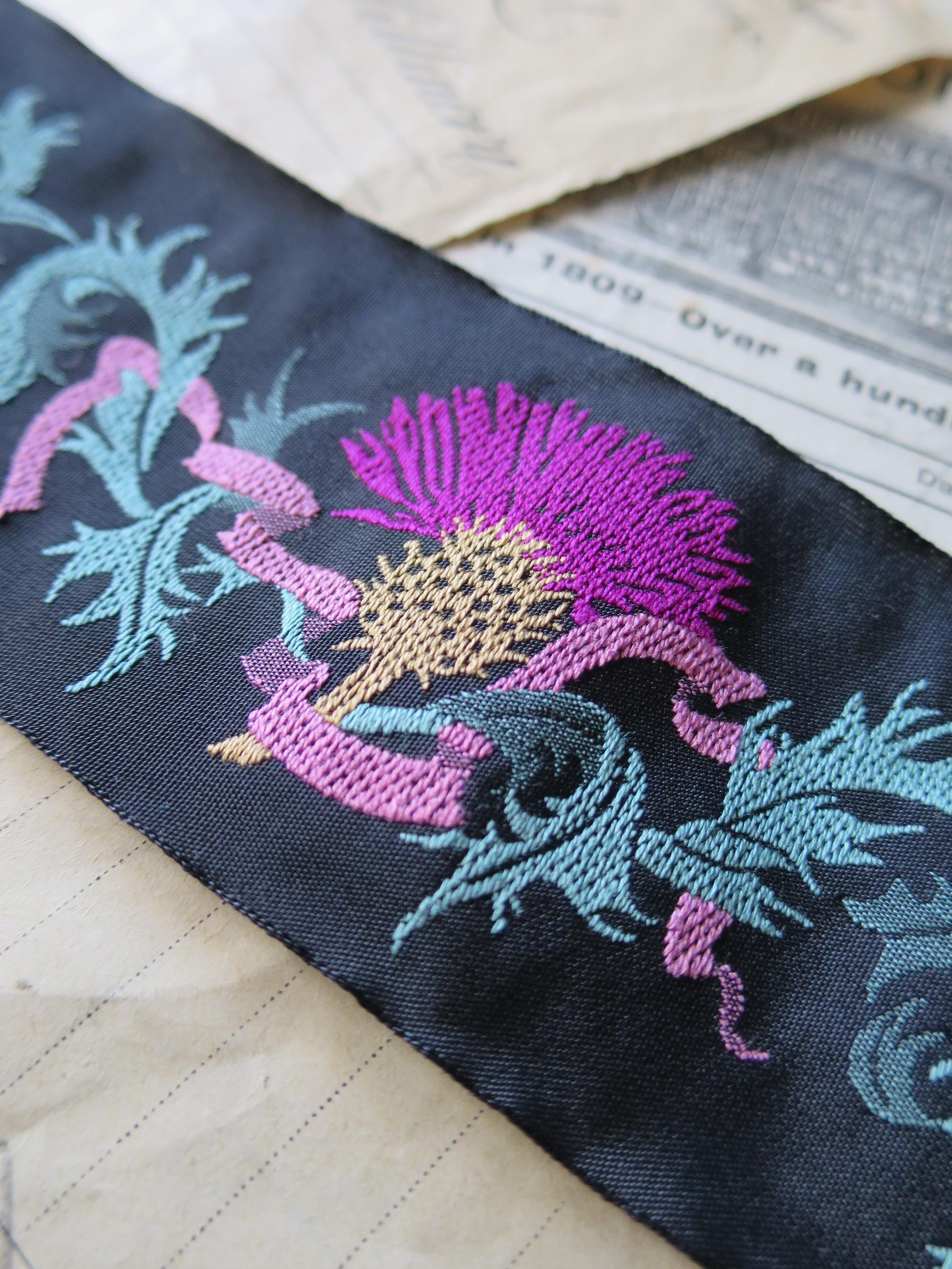 Scottish Thistles 50 mm Jacquard Woven Ribbon- Black & Bright