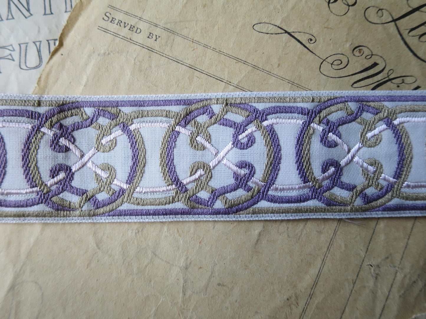 Celtic Knots 32 mm Jacquard Woven Ribbon- Green & Violet