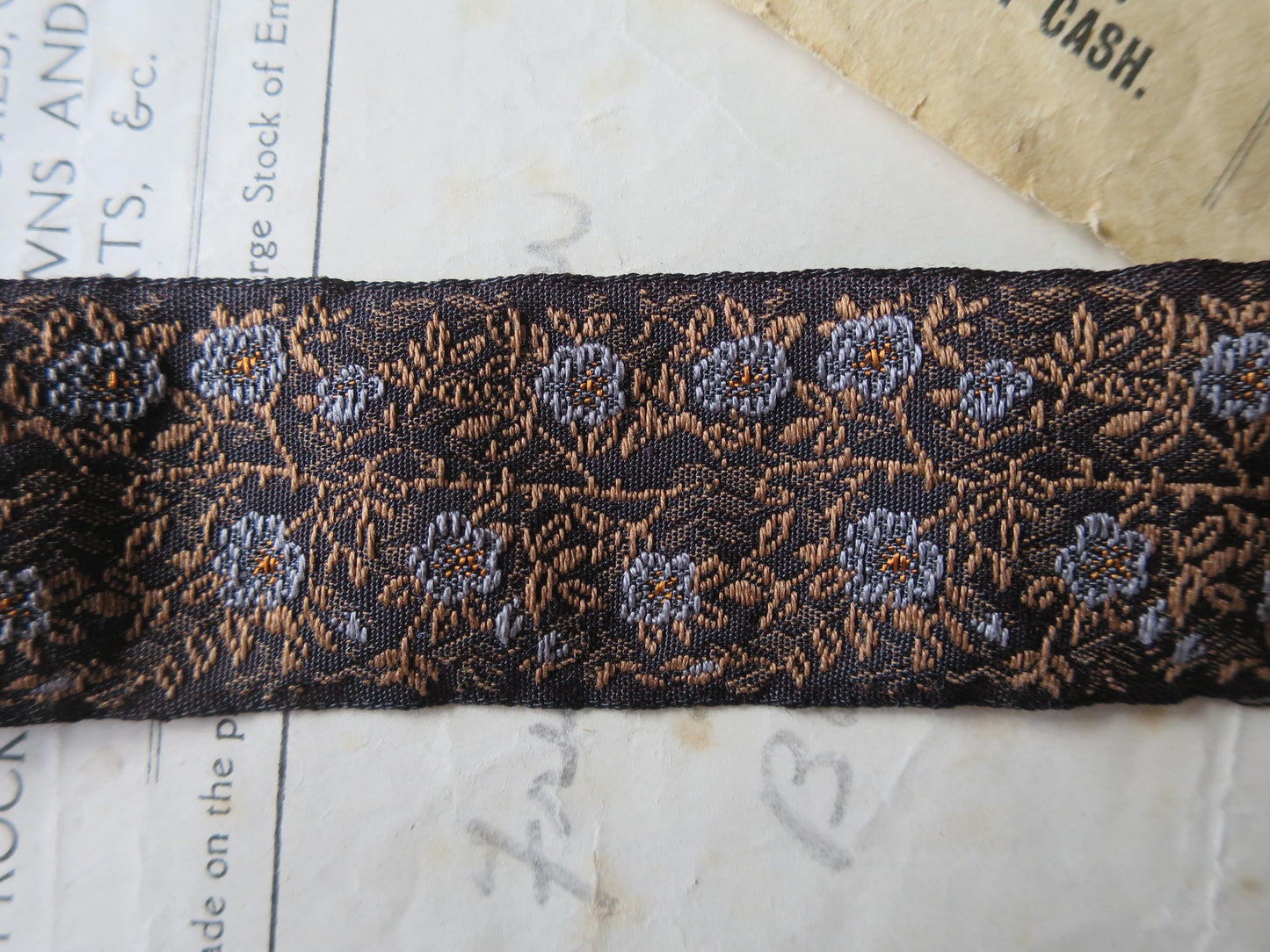 Jacobean Roses 25 mm Jacquard Woven Ribbon- Gilded Blue Roses