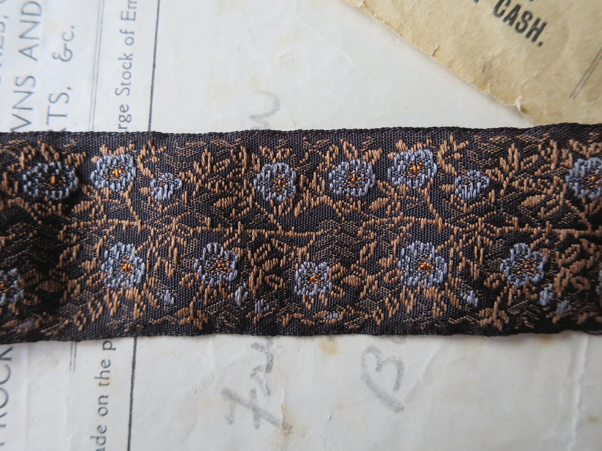 Jacobean Roses 25 mm Jacquard Woven Ribbon- Gilded Blue Roses