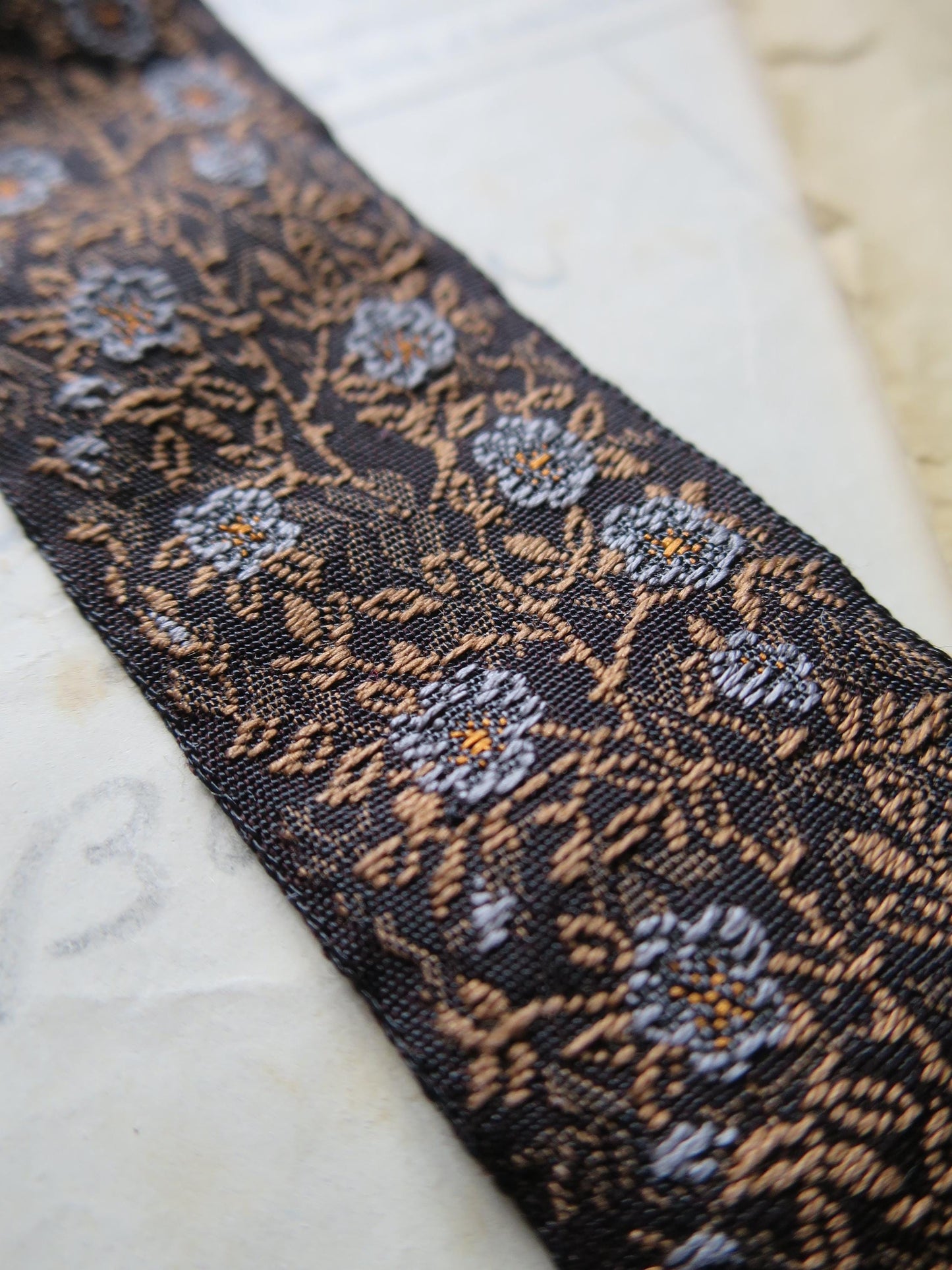 Jacobean Roses 25 mm Jacquard Woven Ribbon- Gilded Blue Roses