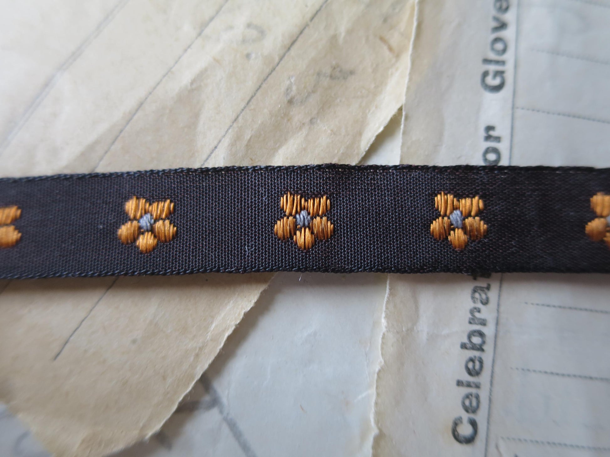 Forget-me-nots 10 mm Jacquard Woven Ribbon- Copper & Blue