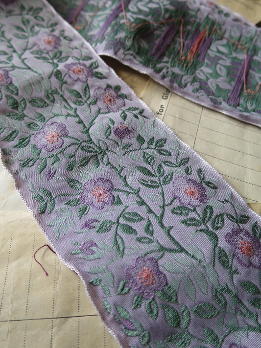 Jacobean Roses 60 mm Jacquard Woven Ribbon- Purple Roses