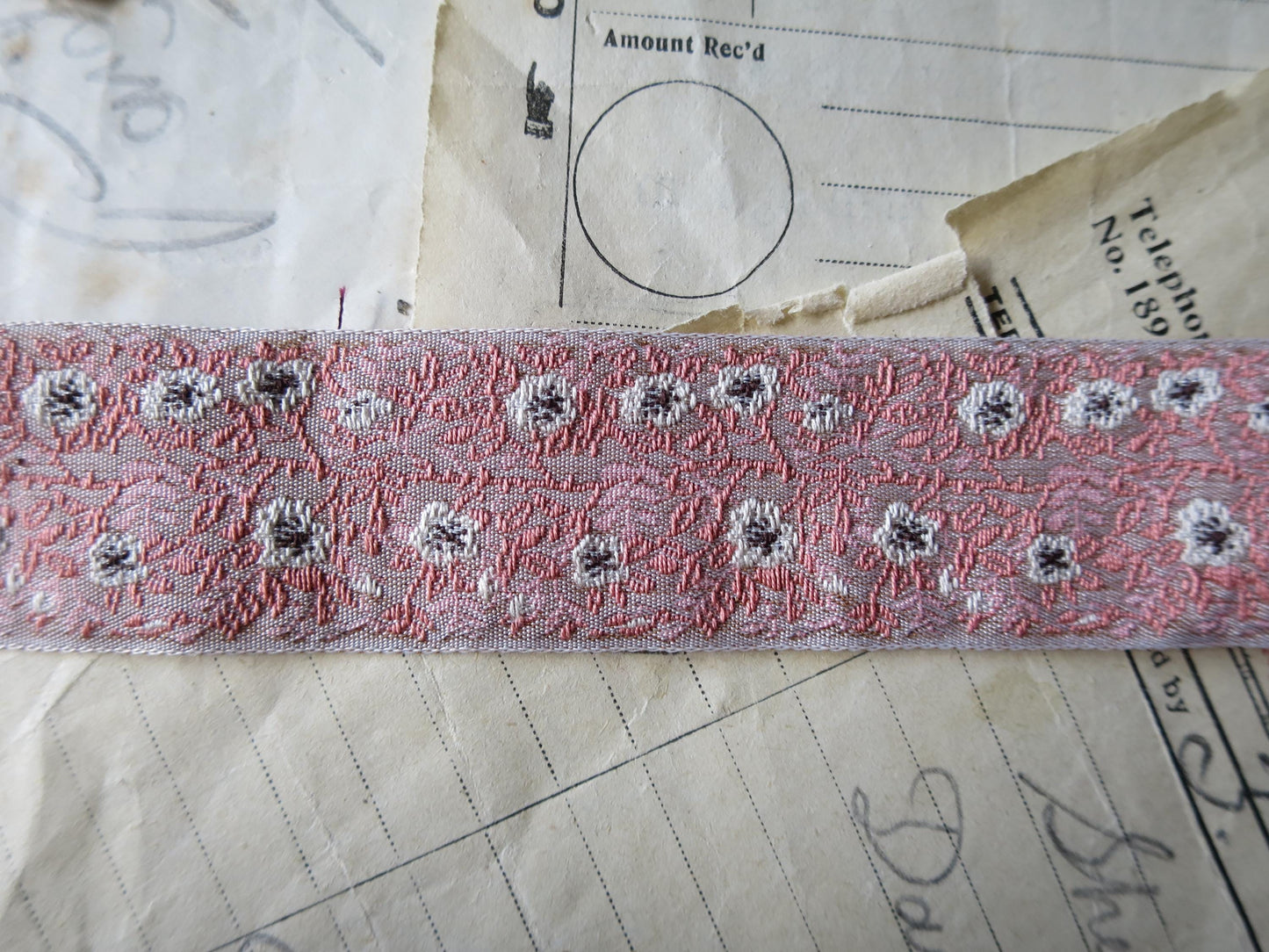 Jacobean Roses 25 mm Jacquard Woven Ribbon- Pink & Taupe