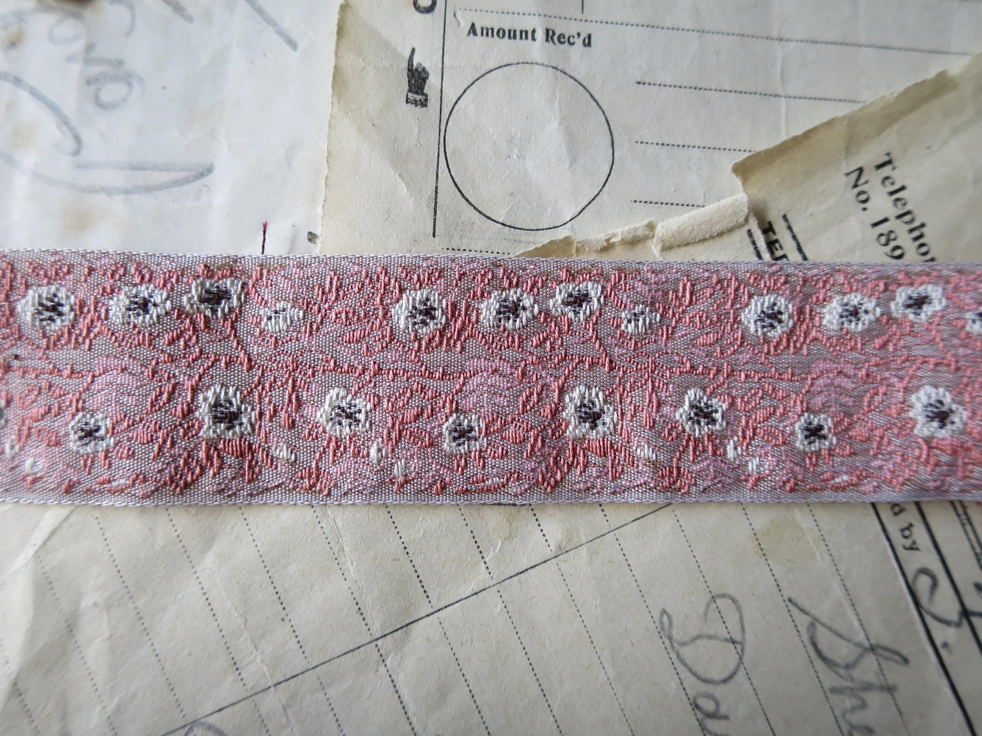 Jacobean Roses 25 mm Jacquard Woven Ribbon- Pink & Taupe