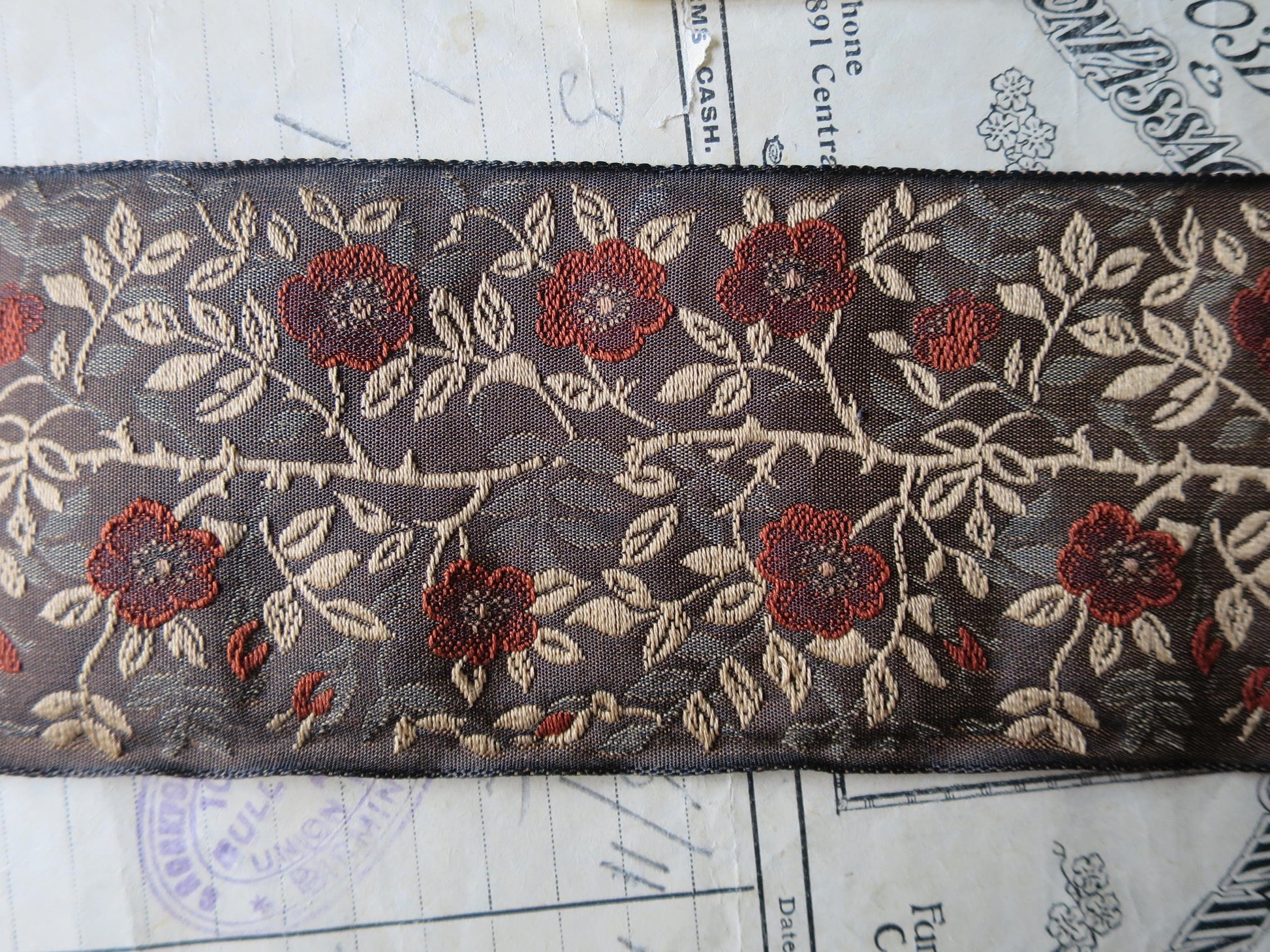 Jacobean Roses 60 mm Jacquard Woven Ribbon- Red & Golden Roses