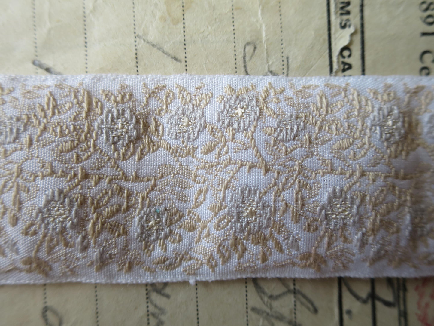 Jacobean Roses 25 mm Jacquard Woven Ribbon- Pale Gold & Sage Roses